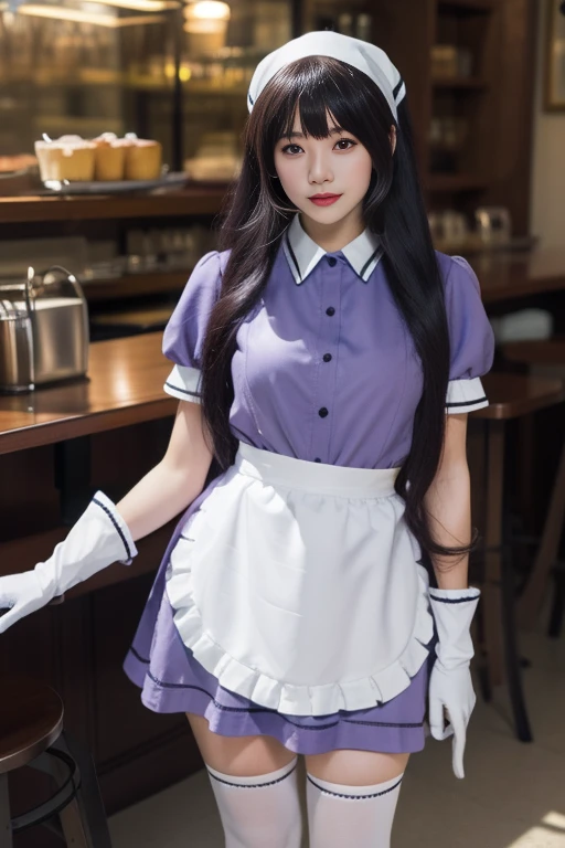 ltra-detailed,highly detailed,best quality,masterpiece,illustration,realistic,photorealistic,
sxkft, waitress, 1girl, solo, cosplay,
very long hair, bangs,
shirt, puffy short sleeves, white waist apron,purple dress, gloves,thighhighs, head scarf,
looking at viewer, standing,
photo background, indoors, cafe,
<lora:sxkft_v1_06:0.7>