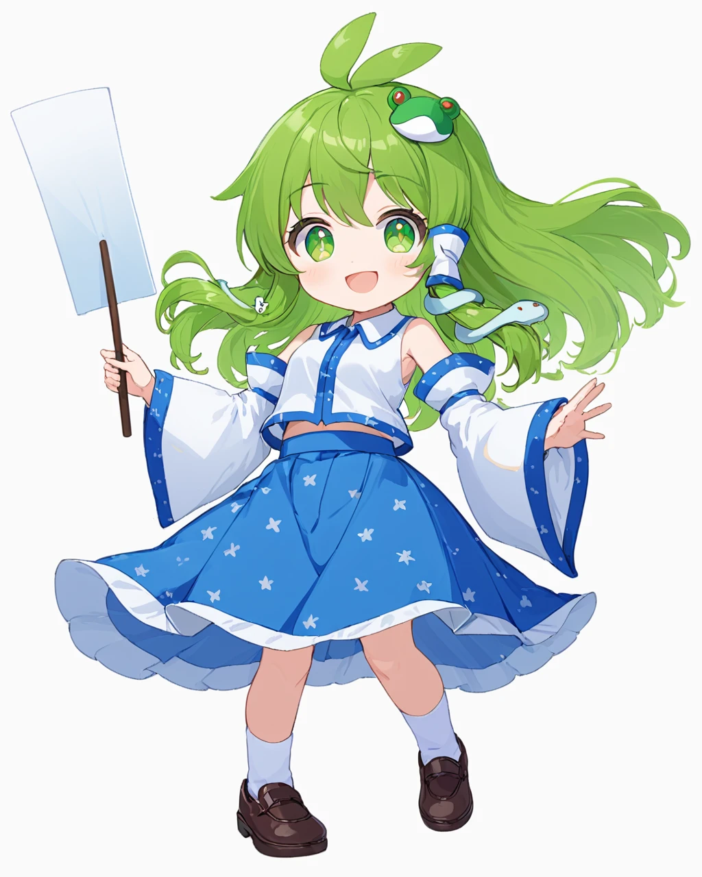 kochiya sanae,1girl, weibo_logo, weibo_username, solo, frog_hair_ornament, blue_skirt, white_background, detached_sleeves, full_body, white_socks, simple_background, open_mouth, shoes, white_shirt, looking_at_viewer, gohei, snake_hair_ornament, smile, wide_sleeves, nontraditional_miko, holding, hair_tubes, collared_shirt
<lora:kochiya_sanae_image8584_2023-12-17:1>,star-shaped_pupils,symbol-shaped_pupils,. gorgeous,key visual, vibrant, studio anime,award-winning, professional, highly detailed,high budget, cinemascope