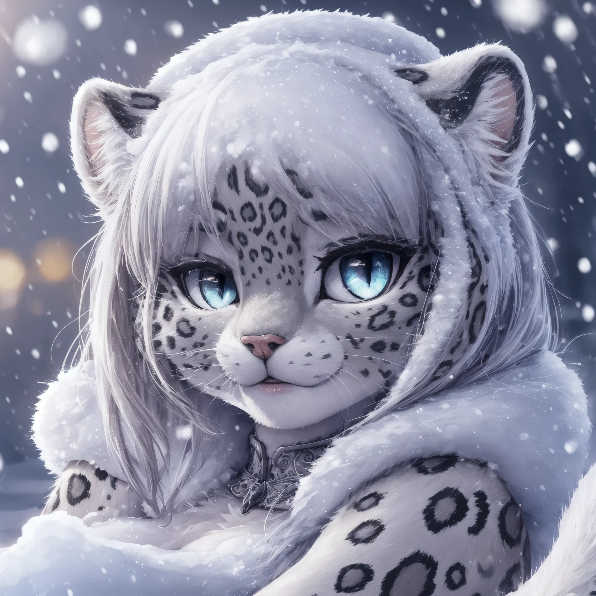 UHD 8k, HDR+, solo, cute female snow_leopard, intricately detailed