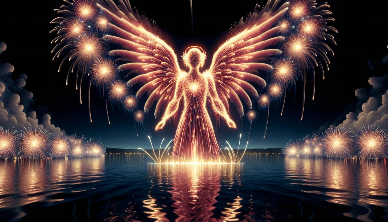 fireworkart, angel made of fireworks, above water