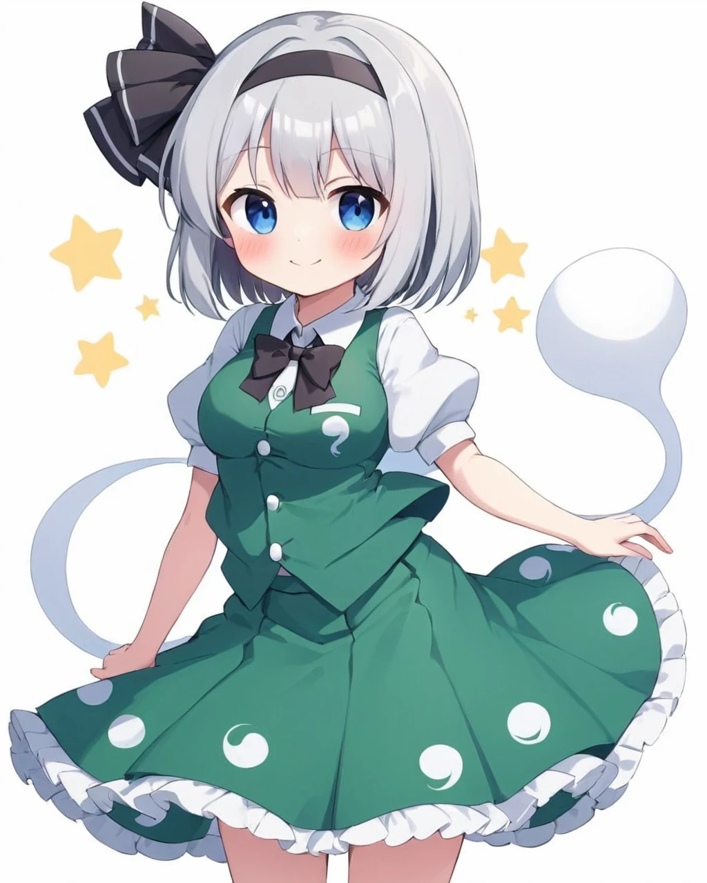 konpaku youmu,1girl, solo, green_skirt, green_vest, smile, white_shirt, black_hairband, puffy_short_sleeves, looking_at_viewer, closed_mouth, black_bowtie, standing, blush, collared_shirt, ghost, hand_up, breasts, buttons, hitodama, hitodama_print, white_background, simple_background
<lora:konpaku_youmu_image12882_2023-12-14-000004:1>,star-shaped_pupils,symbol-shaped_pupils,. gorgeous,key visual, vibrant, studio anime,award-winning, professional, highly detailed,high budget, cinemascope