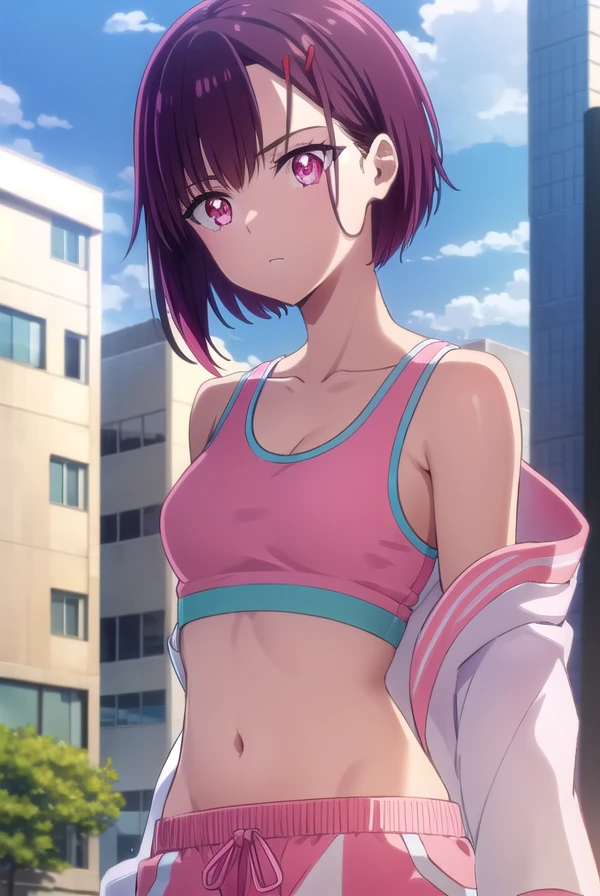 shizukamikazuki, <lora:shizuka mikazuki s1-lora-nochekaiser:1>,
shizuka mikazuki, short hair, purple hair, hair ornament, hairclip, (pink eyes:1.5), swept bangs,
BREAK navel, sports bra, sportswear, shorts, pink shorts,
BREAK outdoors, city, sky, sun, clouds, buildings,
BREAK looking at viewer,
BREAK <lyco:GoodHands-beta2:1>, (masterpiece:1.2), best quality, high resolution, unity 8k wallpaper, (illustration:0.8), (beautiful detailed eyes:1.6), extremely detailed face, perfect lighting, extremely detailed CG, (perfect hands, perfect anatomy),