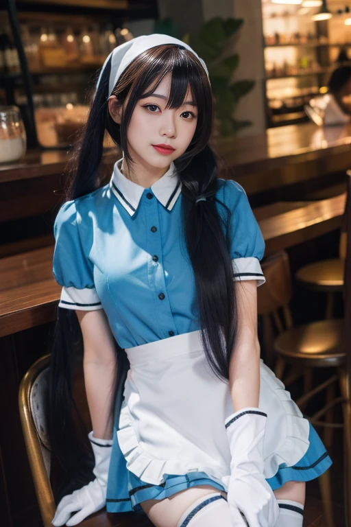 ltra-detailed,highly detailed,best quality,masterpiece,illustration,realistic,photorealistic,
sxkft, waitress, 1girl, solo, cosplay,
twintails, very long hair, bangs,
shirt, puffy short sleeves, white waist apron,yellow dress, thighhighs, head scarf,
gloves, apron, short sleeves,
looking at viewer, sitting, crossed arms,
photo background, indoors, cafe,
<lora:sxkft_v1_06:0.7>