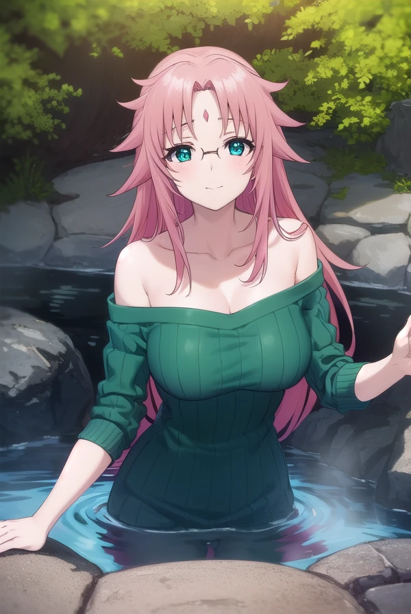 nonkoarahabaki, <lora:nonko arahabaki s1-lora-nochekaiser:1>,
nonko arahabaki, long hair, (green eyes:1.3), pink hair, glasses, (parted bangs:1.5), facial mark, forehead mark, smile, blush,
BREAK cleavage, underwear, collarbone, off shoulder, bra, sweater, ribbed sweater, sweater dress, red bra,
BREAK outdoors, hot spring, onsen,
BREAK looking at viewer, (cowboy shot:1.5),
BREAK <lyco:GoodHands-beta2:1>, (masterpiece:1.2), best quality, high resolution, unity 8k wallpaper, (illustration:0.8), (beautiful detailed eyes:1.6), extremely detailed face, perfect lighting, extremely detailed CG, (perfect hands, perfect anatomy),