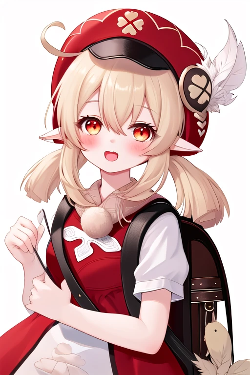 best quality, masterpiece, highres, solo, {keli:1.15}, bangs, klee_\(genshin_impact\), twintails, ahoge, pointy_ears, low_twintails, long_hair, hair_between_eyes, hat, smile, sidelocks, red_headwear, open_mouth, clover_print, hat_feather, cabbie_hat, light_brown_hair, bag, :d, backpack, hat_ornament, red_eyes, orange_eyes, blonde_hair, 1girl, alternate_costume, looking_at_viewer, short_sleeves, simple_background, white_background, shirt, :o, blush, holding