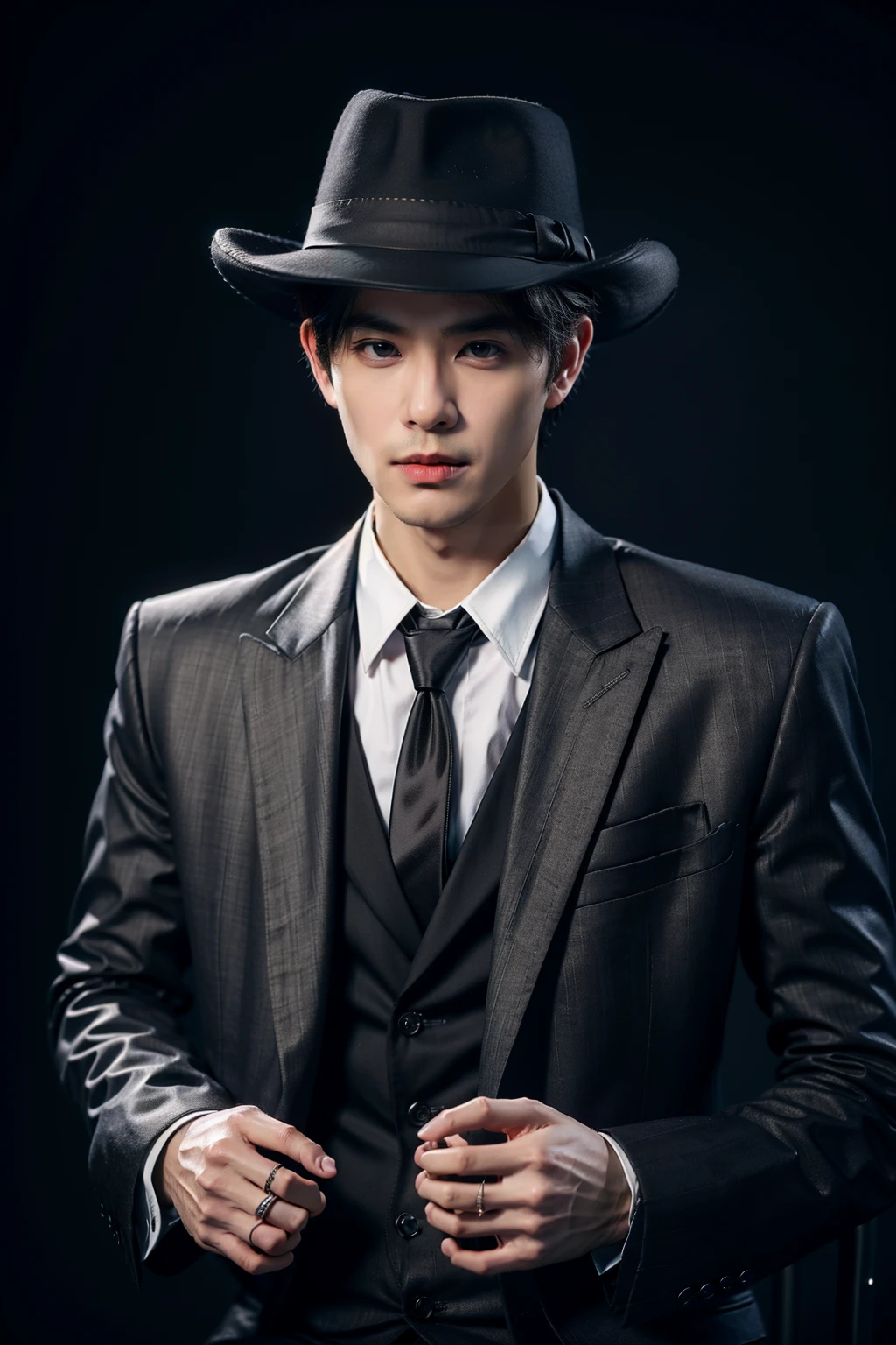 sd mai, Suit thug, solo, 1boy, male focus, necktie, hat, black hair, shirt, looking at viewer, black necktie, jacket, white shirt, jewelry, ring, collared shirt, formal, black jacket, suit, black headwear, vest, simple background, black background, closed mouth, upper body, long sleeves
<lora:è¥¿è£æ´å¾Suit thug:0.8>,