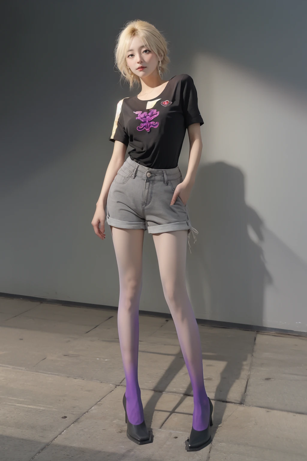 (masterpiece, best quality, absurdres, 8k:1.2),best lighting,simple_background,gray_background,
1girl,solo,full_body,standing,blonde,short_shorts,long_legs,two-tone legwear,purple_pantyhose,high_heels,<lora:gradient-000004:1:1:lbw=StocTest>,<lora:Adore_1.5:1:1:lbw=Face>,
