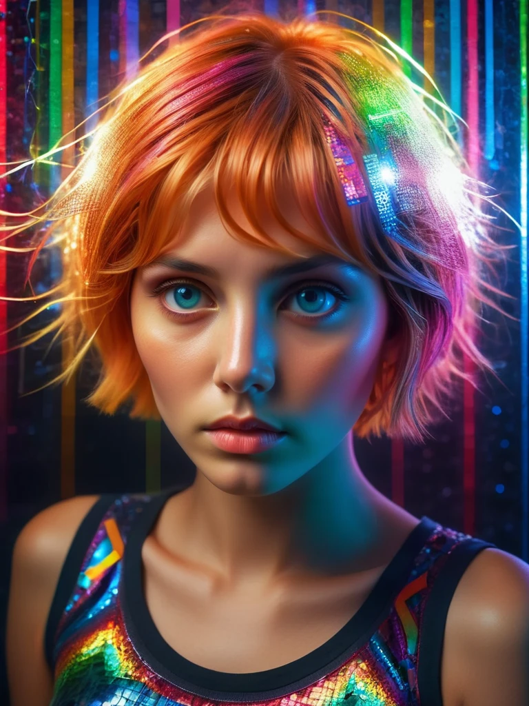 analog photo, dark shot, low key, action, (a intelligent afghan girl, 20 years old:1.1), strawberry blonde pixie bob hair, huge tits, fit, reflections on the wall background, abstraction atmosphere, (prismatic, holographic:1.2), sparkles, neon pixels, (neon light:1.1), chaotic, fashion magazine, (intricate details:0.9), (hdr, hyperdetailed:1.2) <lora:ral-paperstreamer:1> ral-paperstreamer
