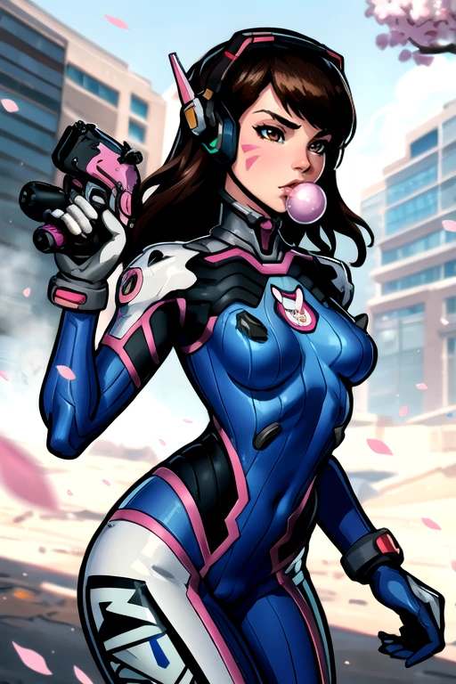 masterpiece,best quality,<lora:dva:0.8>, dva,1girl,solo,long hair,breasts,bangs,brown hair,gloves,holding,brown eyes,medium breasts,weapon,cowboy shot,outdoors,white gloves,holding weapon,blurry,gun,looking to the side,petals,bodysuit,headphones,facial mark,robot,animal print,cherry blossoms,holding gun,mecha,skin tight,handgun,high collar,pilot suit,bracer,whisker markings,facepaint,shoulder pads,charm (object),blue bodysuit,bubble blowing,chewing gum,finger on trigger,bunny print,ribbed bodysuit,meka (overwatch),