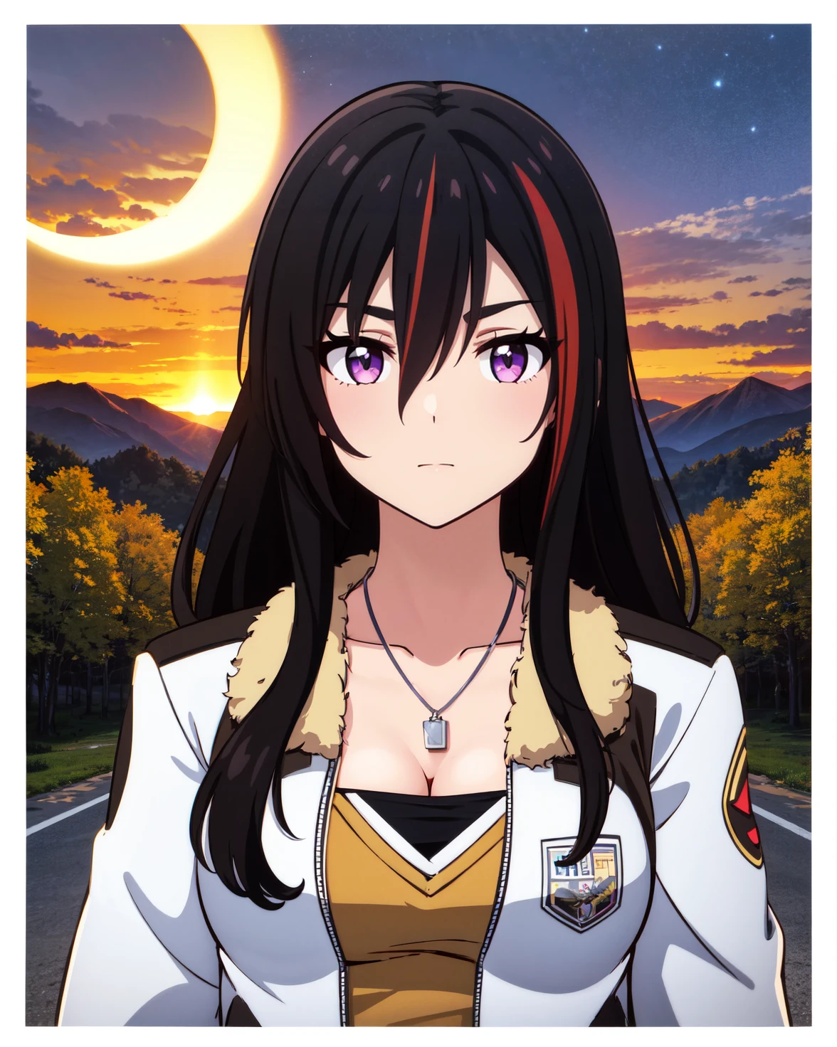 (masterpiece, best quality:1.2) <lora:animemix_16:0.8>, <lora:clearcolor_v1.7_lbw:0.4>,
(1girl, solo, beautiful detailed girl), upper body, portrait,
<lora:MysteryGirl-000008:0.9>, mysterygirl, black hair, streaked hair, red hair, long hair, purple eyes, medium breasts,
white jacket, fur-trimmed jacket, long sleeves, dog tags, cleavage, navel, midriff, yellow shirt,
magical forest, flowers, distant mountains, sky, sunset, golden hour,
