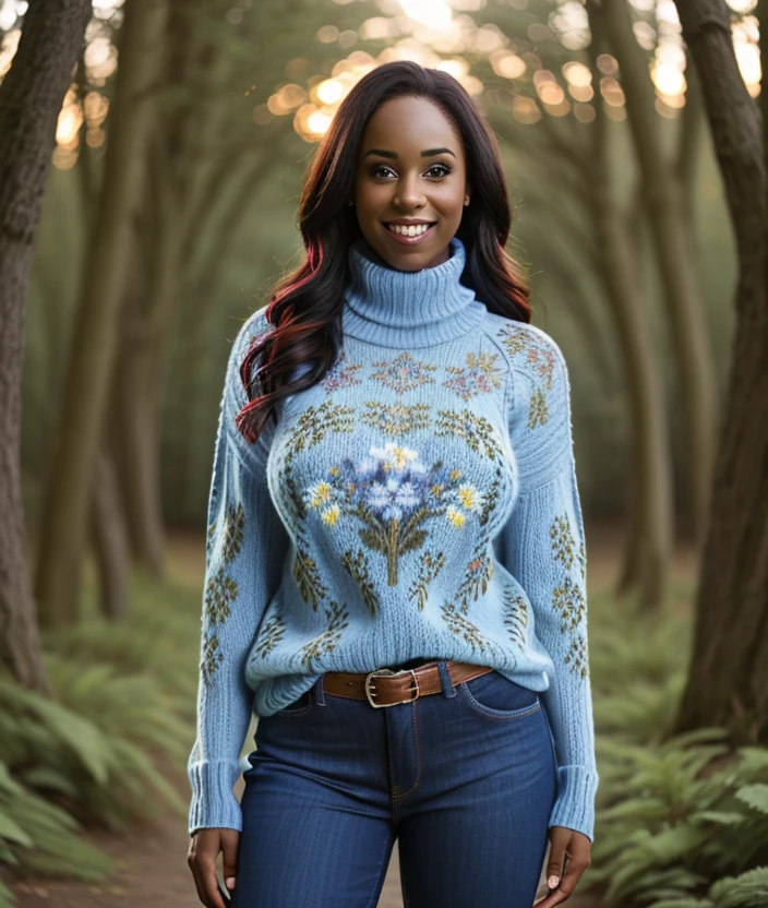 c0d1br1 , smile, nature, breast, Colorful flowers, Sunset, soft light, intricate, upper body, Hallerbos, (Blue flowers in the undergrowth), codi bryant, ((Turtleneck sweater)), jeans