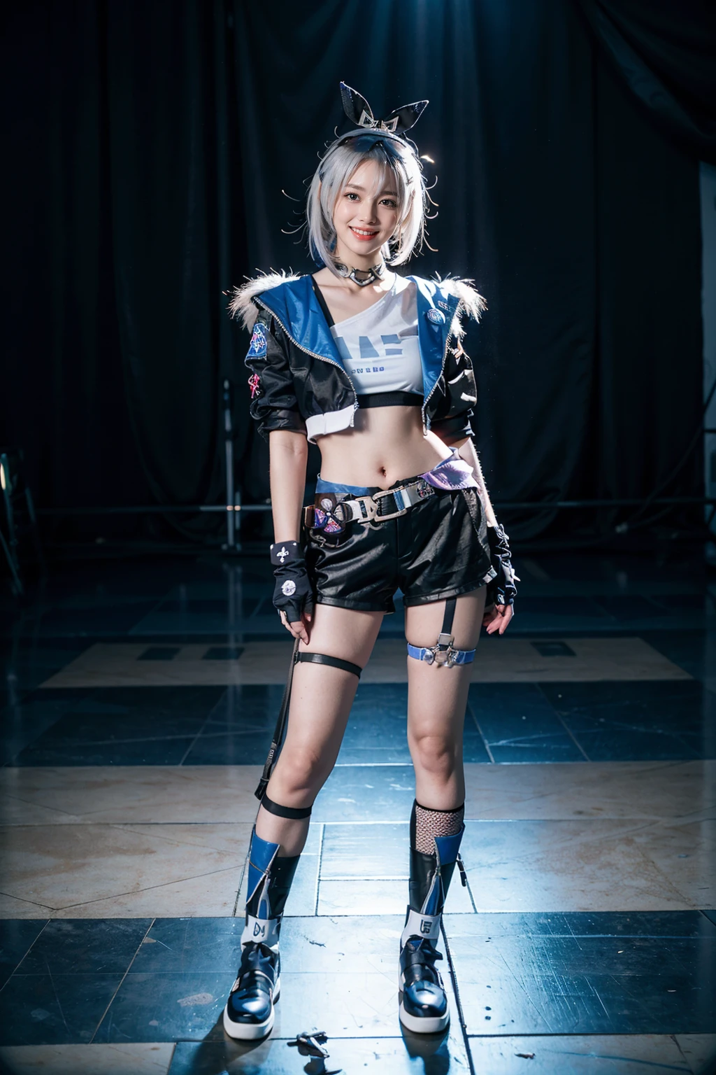 best quality, masterpiece, photorealistic, 1girl, solo, standing, arms at side, full body, looking at viewer, smile, closed mouth, bangs, hair between eyes, silverwolf cosplay costume, cosplay, silverwolf, white hair, hair bow, eyewear on head, hair ornament, cropped jacket, jacket, shorts, crop top, cropped shirt, belt, fingerless gloves, bandaid, single fishnet legwear, thigh strap, boots, <lora:starrail_silverwolf_cosplay_v2:0.7>
