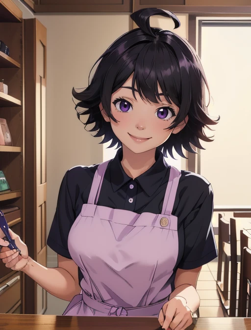 best quality, masterpiece, highres, detailed, digital illustration, <lora:Tools - add_detail:0.2>, SaikiKurumi, short hair, black hair, swept bangs, purple shirt, blue apron, mature woman, smile, <lora:SaikiKurumi-10:0.8>, ahoge,