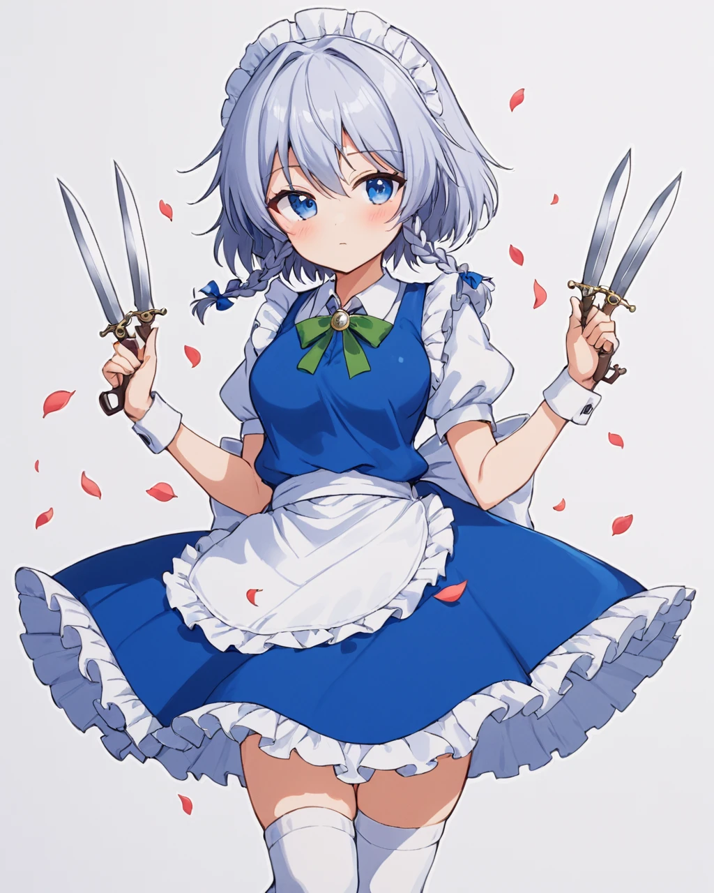 izayoi sakuya,1girl, solo, traditional_media, maid_headdress, pocket_watch, twin_braids, puffy_short_sleeves, looking_at_viewer, blue_dress, maid, holding_knife, waist_apron, white_socks, hair_ribbon, frilled_apron, blush, hair_bow, white_apron, weapon, medium_breasts, thigh_holster, closed_mouth, petals, white_shirt, neck_ribbon, feet_out_of_frame, maid_apron, marker_\(medium\), between_fingers
<lora:izayoi_sakuya_image4179_2023-12-11-000007:1>,star-shaped_pupils,symbol-shaped_pupils,. gorgeous,key visual, vibrant, studio anime,award-winning, professional, highly detailed,high budget, cinemascope