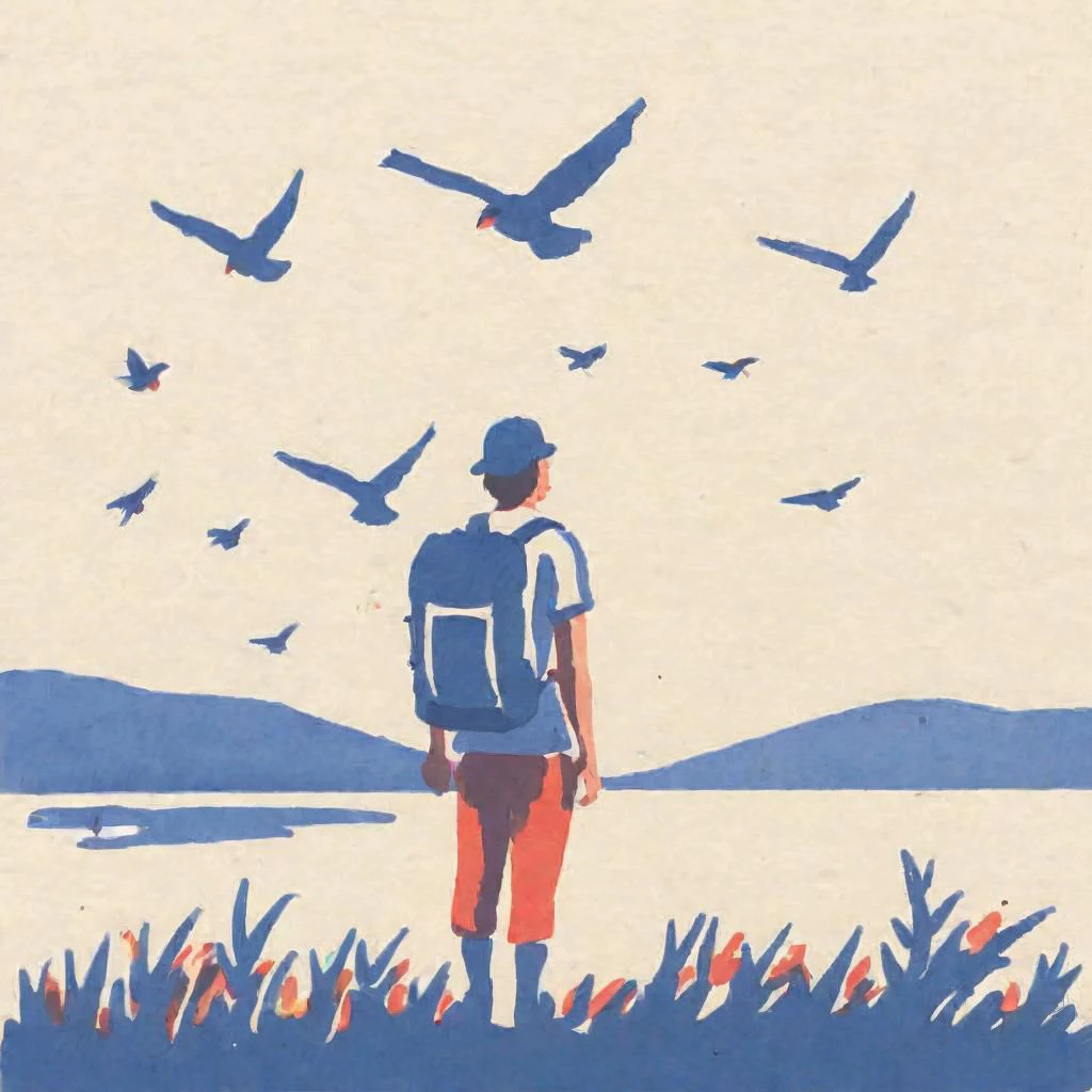 ASCIIIllustration , wandering backpacker, traveller, camper, watching birds flying