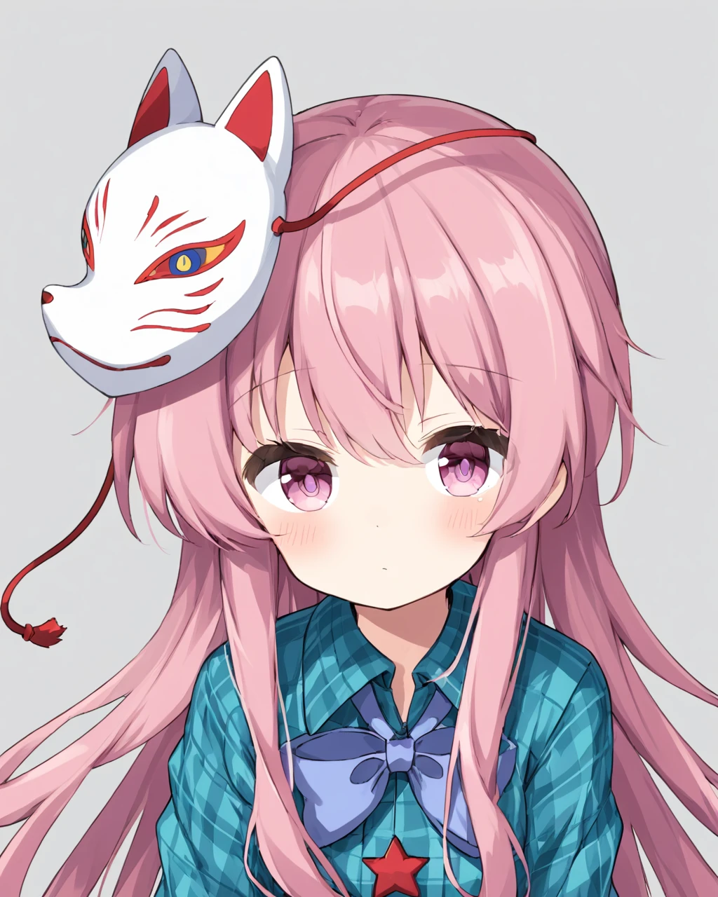 hata no kokoro,1girl, solo, plaid_shirt, v, mask_on_head, closed_mouth, long_sleeves, blush, looking_at_viewer, upper_body, simple_background, buttons, circle, bowtie, collared_shirt, fox_mask, grey_background, white_background
<lora:hata_no_kokoro_image5070_2023-12-20:1>,star-shaped_pupils,symbol-shaped_pupils,. gorgeous,key visual, vibrant, studio anime,award-winning, professional, highly detailed,high budget, cinemascope