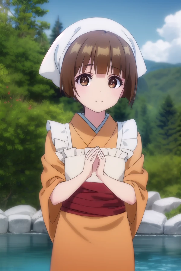 nakaichitose, <lora:nakai chitose s1-lora-nochekaiser:1>,
nakai chitose, short hair, brown hair, (brown eyes:1.3), bangs, blunt bangs, smile,
BREAK japanese clothes, kimono, apron, head scarf,
BREAK outdoors, hot spring, onsen,
BREAK looking at viewer, (cowboy shot:1.5),
BREAK <lyco:GoodHands-beta2:1>, (masterpiece:1.2), best quality, high resolution, unity 8k wallpaper, (illustration:0.8), (beautiful detailed eyes:1.6), extremely detailed face, perfect lighting, extremely detailed CG, (perfect hands, perfect anatomy),