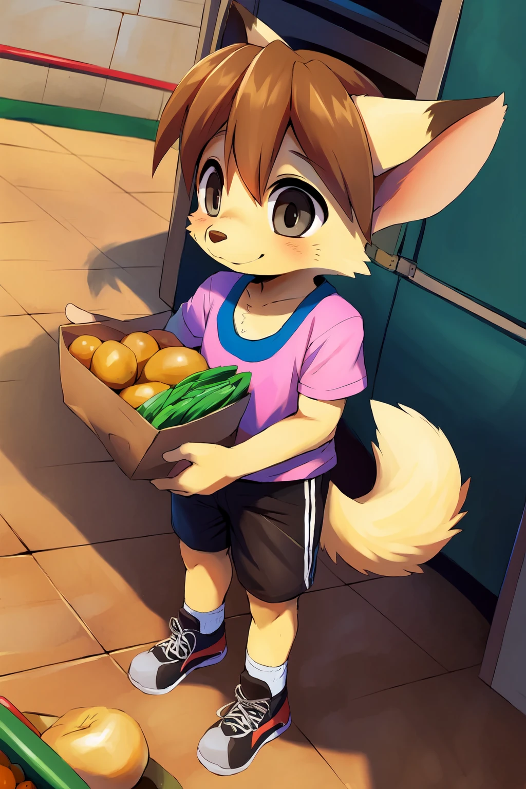 waffletc, 1boy, solo, (by dagasi:0.4) dutch angle, furry male, dog boy, short hair, t-shirt, sneakers, shorts, animal nose, animal ears, grey eyes, standing, detailed eyes, body fur, whiskers, brown hair, smile, tail, full body, holding, paper bag, potatoes, (masterpiece, best quality:1.3) detailed background, grocery store, 8k, hdr <lora:waffleTC:1>