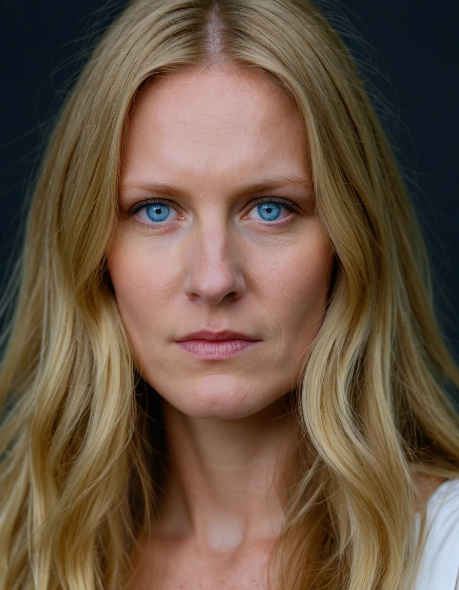 A close-up portrait of a woman with long blonde hair and blue eyes looking determinedly into the camera. She is wearing a white dress and stands against a dark background.