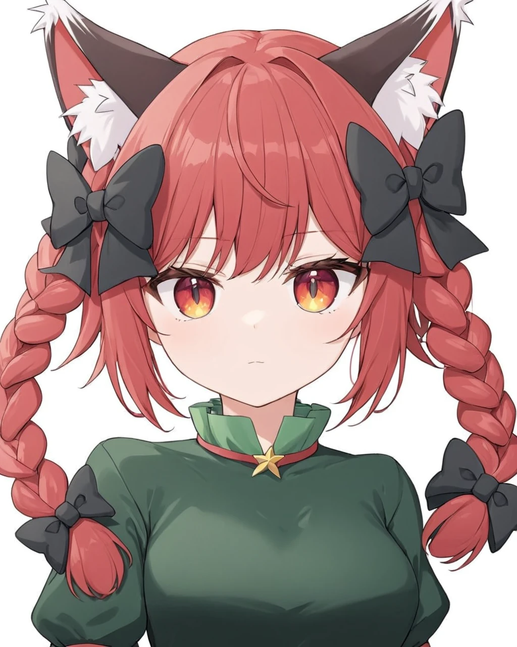 kaenbyou rin,1girl, solo, twin_braids, black_bow, white_background, simple_background, hair_bow, looking_at_viewer, green_dress, portrait, closed_mouth, slit_pupils, tsurime, animal_ear_fluff
<lora:kaenbyou_rin_image6792_2023-12-20:1>,star-shaped_pupils,symbol-shaped_pupils,. gorgeous,key visual, vibrant, studio anime,award-winning, professional, highly detailed,high budget, cinemascope