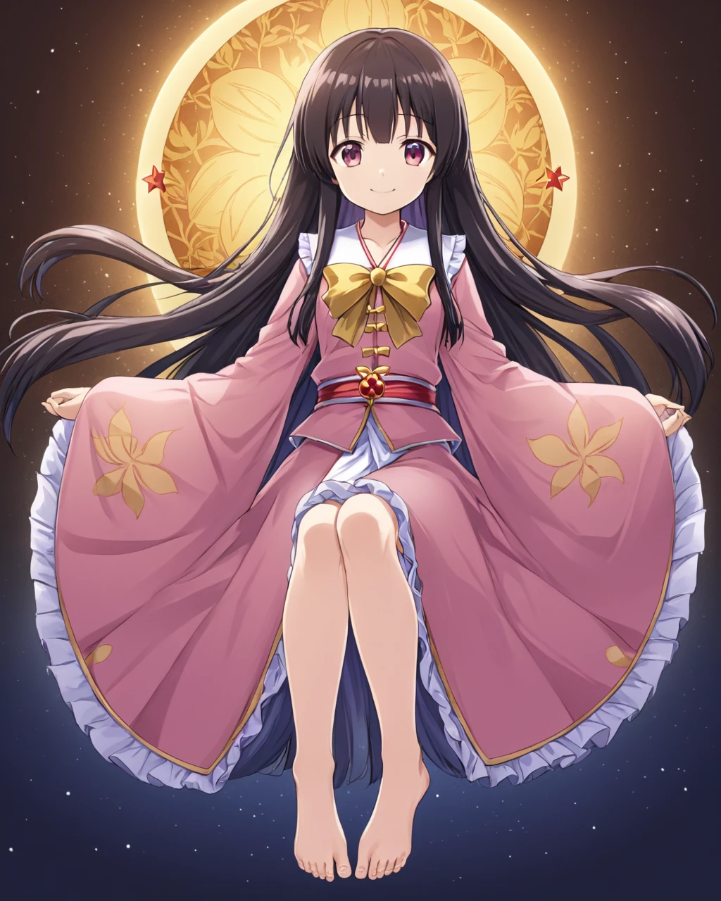 houraisan kaguya,1girl, solo, jeweled_branch_of_hourai, barefoot, smile, japanese_clothes
<lora:houraisan_kaguya_image2025_2023-12-14:1>,star-shaped_pupils,symbol-shaped_pupils,. gorgeous,key visual, vibrant, studio anime,award-winning, professional, highly detailed,high budget, cinemascope