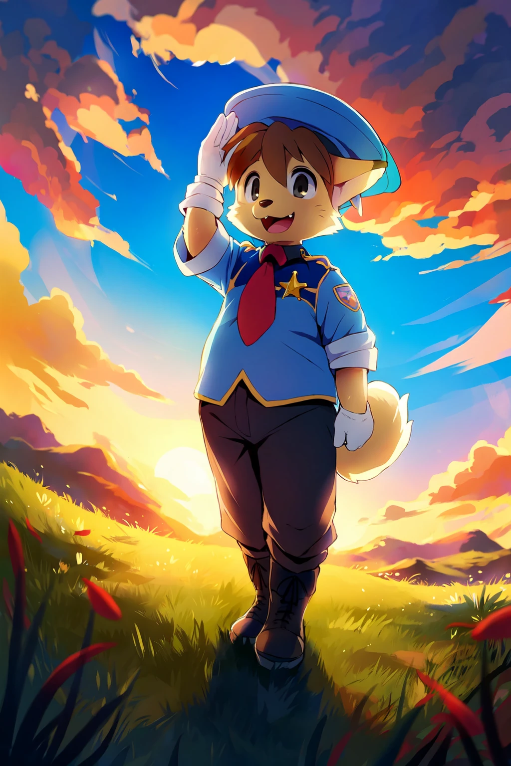 waffletc, 1boy, solo, (by dagasi:.5), smooth lighting, dutch angle, furry male, dog boy, police uniform, police hat, boots, gloves, short sleeves, badge, pants, animal nose, animal ears, grey eyes, detailed eyes, body fur, whiskers, brown hair, open mouth, :3, :d, fang, tail, red necktie, full body, arm up, salute, (masterpiece, best quality:1.3), detailed background, (masterpiece, best quality:1.3) detailed background, outdoors, blue sky, clouds, grass, cloud, 8k, hdr <lora:waffleTC:1>