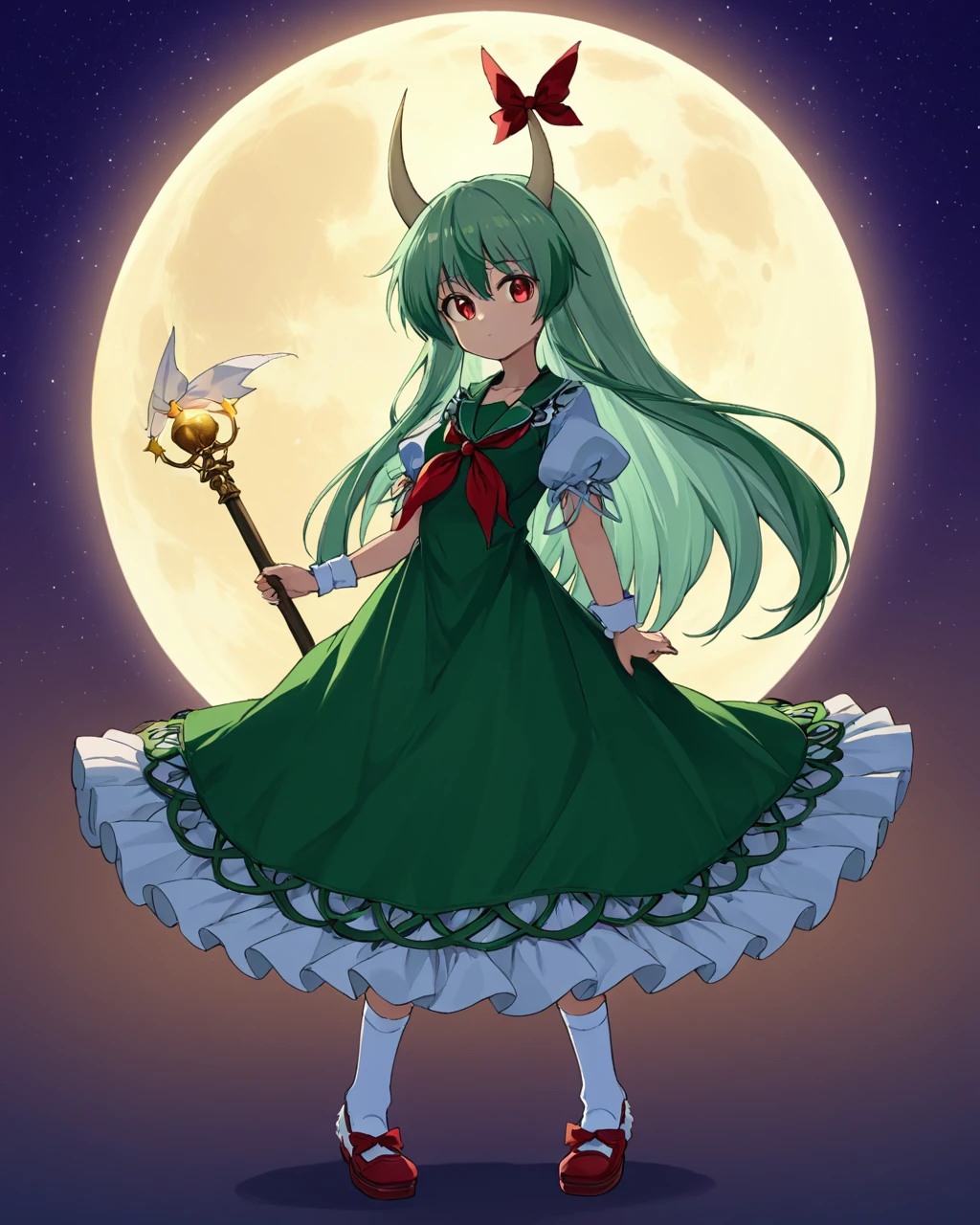 kamishirasawa keine, green_dress, 1girl, scroll, solo, horn_bow, puffy_short_sleeves, full_body, horn_ribbon, looking_at_viewer, tail, footwear_bow, shoes, full_moon, red_neckerchief, white_socks, red_footwear, silhouette
<lora:kamishirasawa_keine_image2095_2023-12-14-000010:1>,star-shaped_pupils,symbol-shaped_pupils,. gorgeous,key visual, vibrant, studio anime,award-winning, professional, highly detailed,high budget, cinemascope