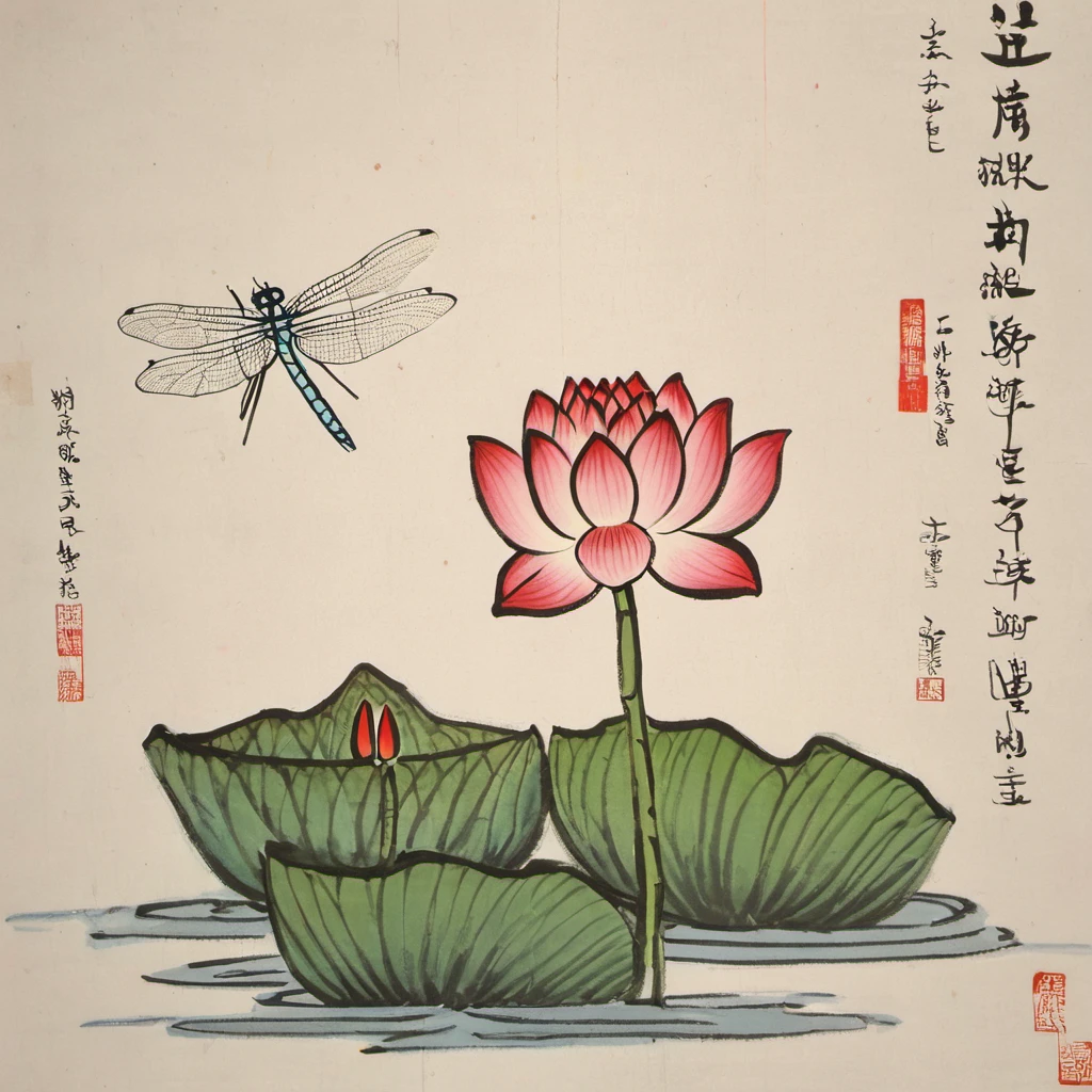 fen9zik4i,<lora:fen9zik4i-000008:1>,
The up and coming lotus just bud; a dragonfly has already stood on it.,