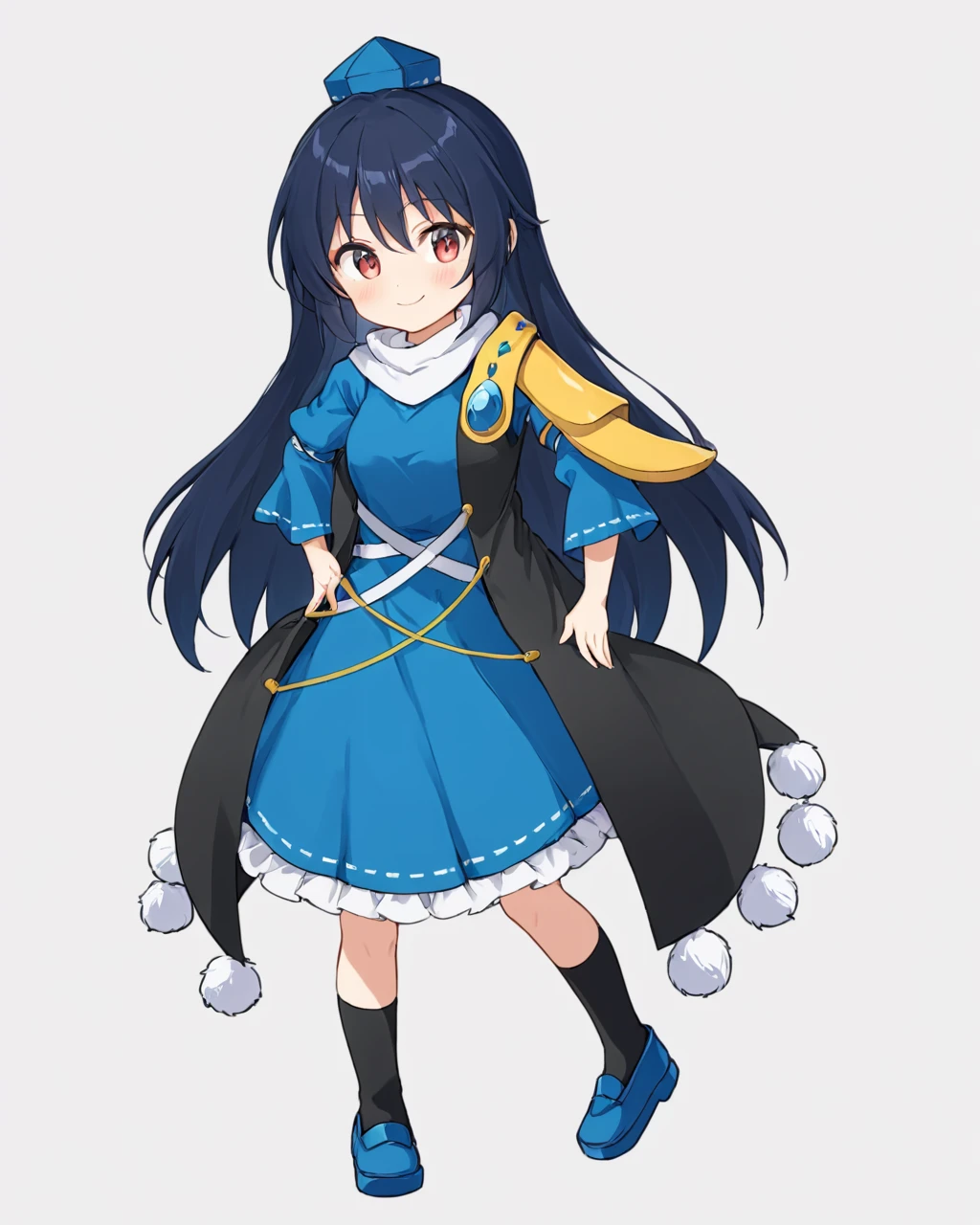 iizunamaru megumu,1girl, tokin_hat, solo, blue_headwear, pom_pom_\(clothes\), white_background, blue_dress, tengu-geta, simple_background, smile, closed_mouth, sleeveless_coat, crossed_arms, one-hour_drawing_challenge, full_body, black_socks, blue_footwear, kneehighs, blush_stickers, black_coat, long_sleeves, standing, frilled_dress
<lora:iizunamaru_megumu_image856_2023-12-20-000015:1>,star-shaped_pupils,symbol-shaped_pupils,. gorgeous,key visual, vibrant, studio anime,award-winning, professional, highly detailed,high budget, cinemascope