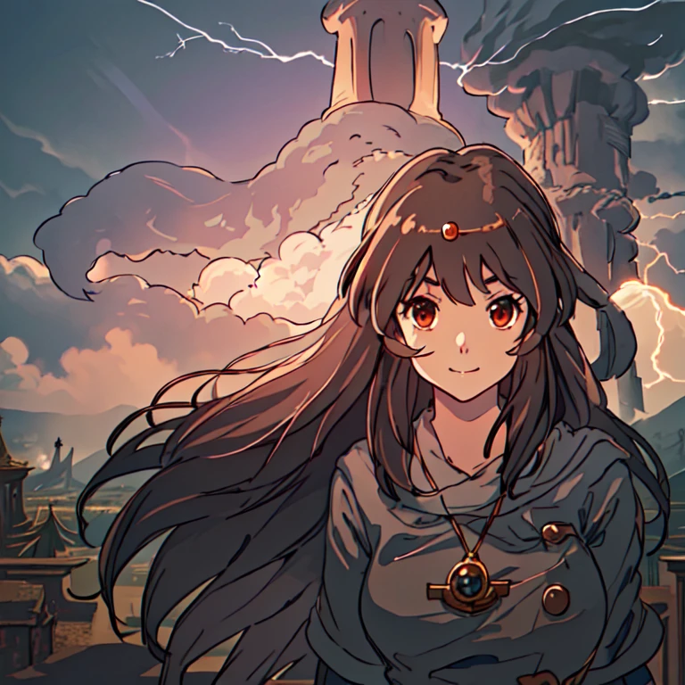 <lora:ki:0.8>,ki,masterpiece,best quality,super fine illustration,upper_body,wind hair,press one's hair,a quiet smile,looking_back,((giant a piece of tower:1.2)),((thundercloud:1.3)),a vast depression,fantastic,