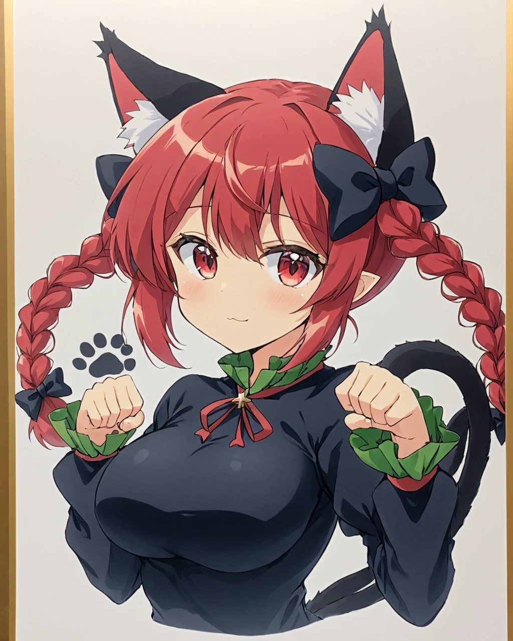 kaenbyou rin,1girl, shikishi, solo, twin_braids, traditional_media, paw_pose, cat_tail, dress, fang_out, hair_bow, slit_pupils, upper_body, nekomata, :3, looking_at_viewer, two_tails, long_sleeves, breasts, black_bow, animal_ear_fluff
<lora:kaenbyou_rin_image6792_2023-12-20:1>,star-shaped_pupils,symbol-shaped_pupils,. gorgeous,key visual, vibrant, studio anime,award-winning, professional, highly detailed,high budget, cinemascope