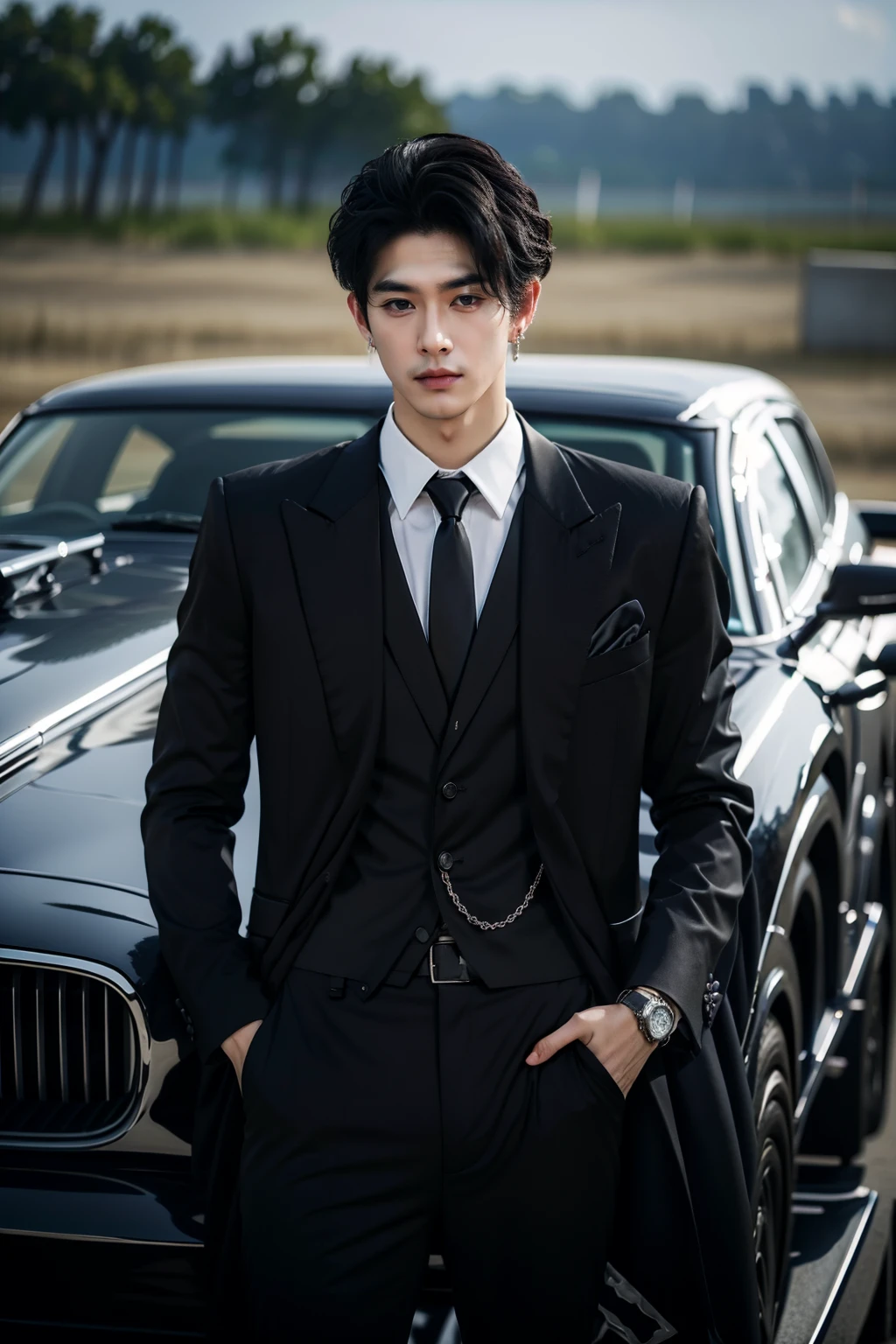 sd mai, Suit thug, watch, 1boy, jewelry, male focus, solo, car, necktie, wristwatch, blurry, ring, blurry background, shirt, hand in pocket, formal, black hair, black necktie, looking at viewer, collared shirt, motor vehicle, pants, ground vehicle, suit, outdoors, facial hair, earrings, black pants, necklace, black jacket, jacket, long sleeves
<lora:è¥¿è£æ´å¾Suit thug:0.8>,