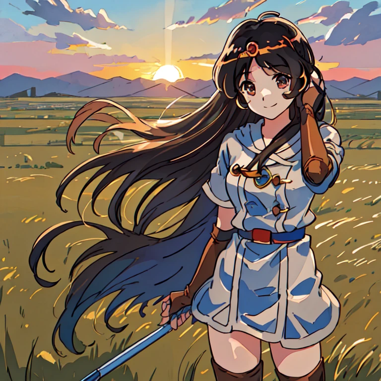<lora:ki:0.8>,ki,masterpiece,best quality,super fine illustration,wind hair,(press one's hair:1.2),vast grassland,sunset,a quiet smile,