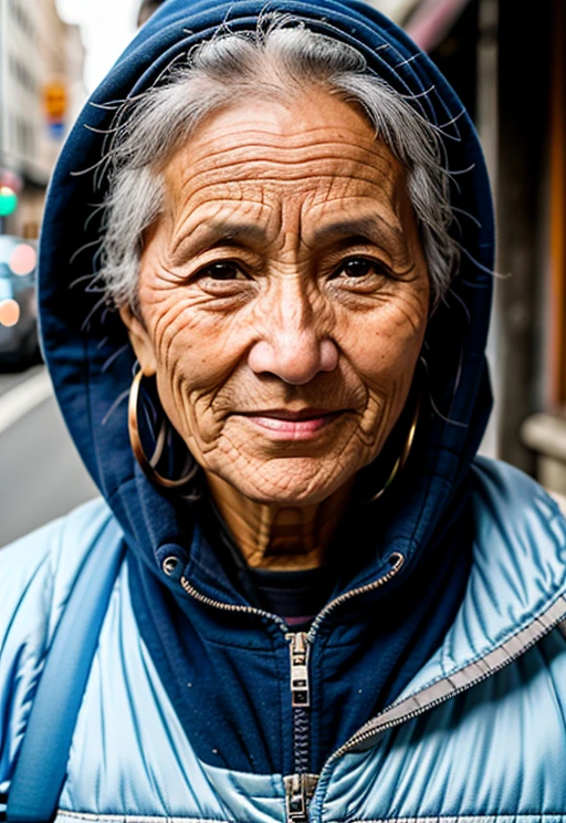 1 woman,50 yos, close up, mi xup, solo, standing on the street, casual outfit, RAW photo, (high detailed skin:1.2), 8k uhd, dslr, soft lighting, high quality, film grain, Fujifilm XT3, visible pores