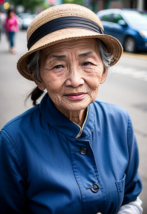 1 woman, close up, da nhan, wrinkles, standing on the street, casual outfit, RAW photo, (high detailed skin:1.2), 8k uhd, dslr, soft lighting, high quality, film grain, Fujifilm XT3