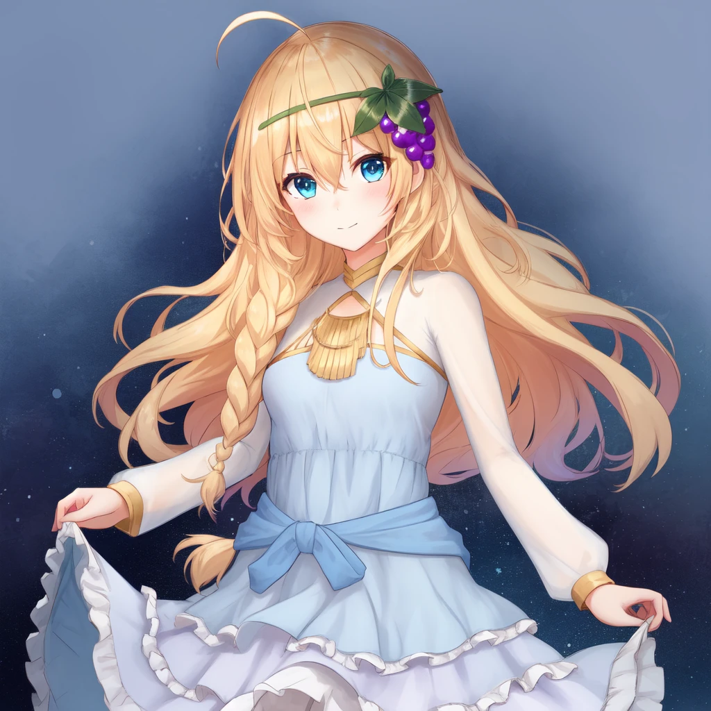 <lora:Belzerg_Stylish_Sword_Iris-1024:1>,1girl, solo, blonde hair, long hair,hair between eyes, blue eyes,ahoge, braid, hair ornament,grapes, blue dress, long sleeves, gradient dress, layered dress, dress,