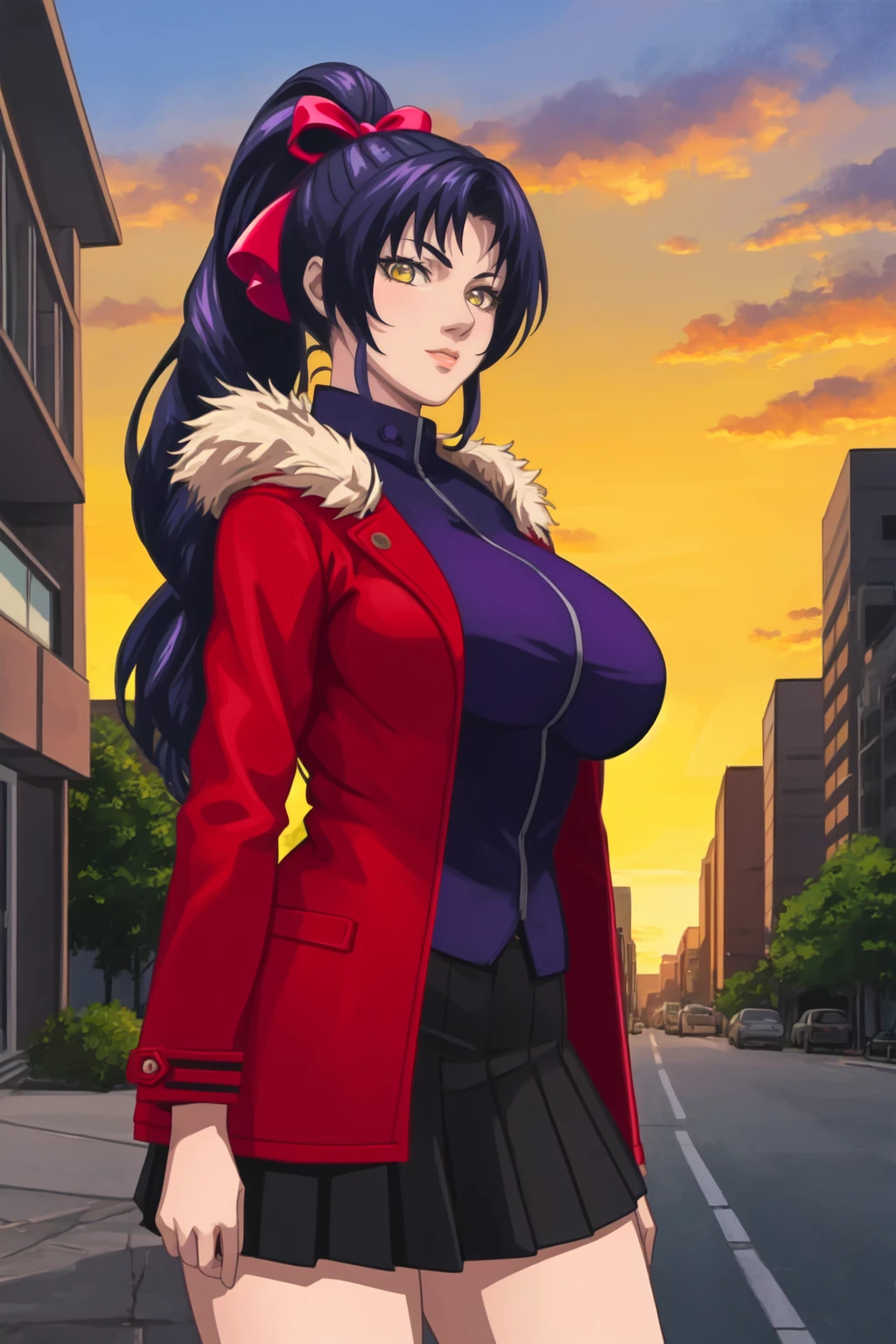 (high quality:1.2), intricate detailed, digital art,
KozonoNami, 1girl, solo, standing, cowboy shot,
looking at viewer, determined,
yellow eyes, long hair, black hair, ponytail, hair bow,
red coat, long coat, fur trim, purple shirt, skirt,
curvy, large breasts,
city, street, sunset, evening,
<lora:KozonoNami:0.9>