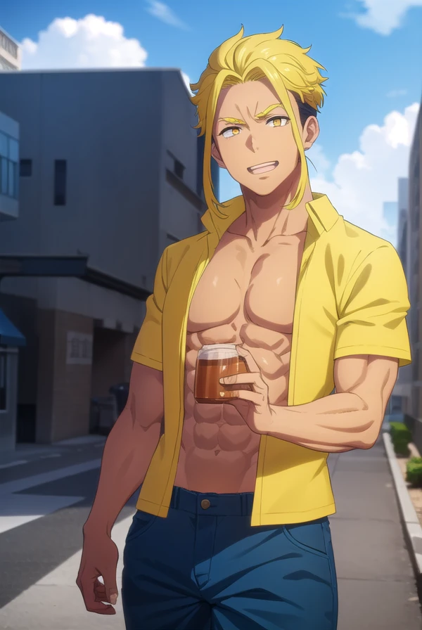 kenichirouryuuzaki, <lora:kenichirou ryuuzaki s1-lora-nochekaiser:1>,
kenichirou ryuuzaki, short hair, blonde hair, black hair, male focus, multicolored hair, two-tone hair, (yellow eyes:1.5), smile, grin,
BREAK shirt, open clothes, pants, open shirt, muscular, abs, blue shirt, pectorals, muscular male,
BREAK outdoors, city, sun, sky, clouds,
BREAK looking at viewer, (cowboy shot:1.5),
BREAK <lyco:GoodHands-beta2:1>, (masterpiece:1.2), best quality, high resolution, unity 8k wallpaper, (illustration:0.8), (beautiful detailed eyes:1.6), extremely detailed face, perfect lighting, extremely detailed CG, (perfect hands, perfect anatomy),