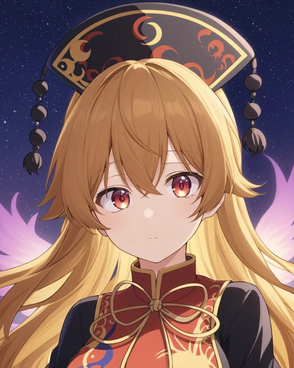 junko \(touhou\),1girl, solo, phoenix_crown, tabard, energy, chinese_clothes, pom_pom_\(clothes\), closed_mouth, long_sleeves, black_dress, crescent, black_headwear, hat, upper_body, looking_at_viewer, red_vest, yellow_bowtie, medium_breasts, wide_sleeves, night_sky, light
<lora:junko_(touhou)_image6079_2023-12-20-000007:1>,star-shaped_pupils,symbol-shaped_pupils,. gorgeous,key visual, vibrant, studio anime,award-winning, professional, highly detailed,high budget, cinemascope
