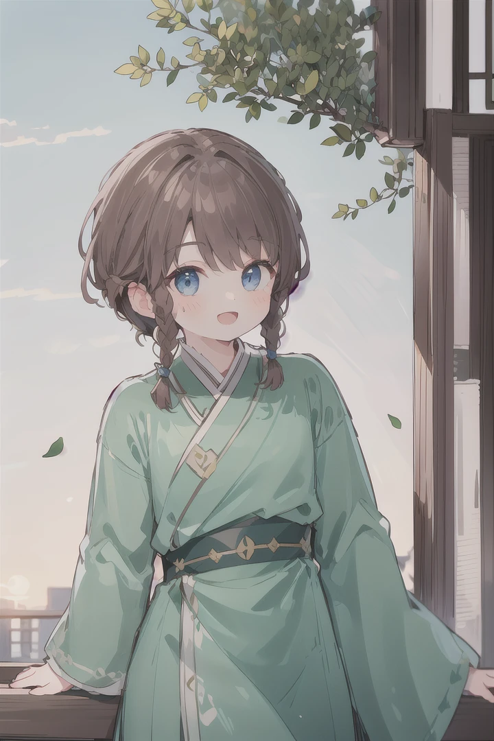 1boy, (Highest picture quality), (Master's work), (ultra-detailed), (Detailed eye description:1.2), (masterpiece, best quality, high quality, highres, ultra-detailed), solo, dark blue eyes, brown hair, braids, asymmetrical bangs, (bunch top of head:1.3), green clothes, trees, leaves in air, warm atmosphere, sunny day, walk throw street, chinese style, city, street, smiles, :D , back to the viewer, <lora:HuJia2:1>