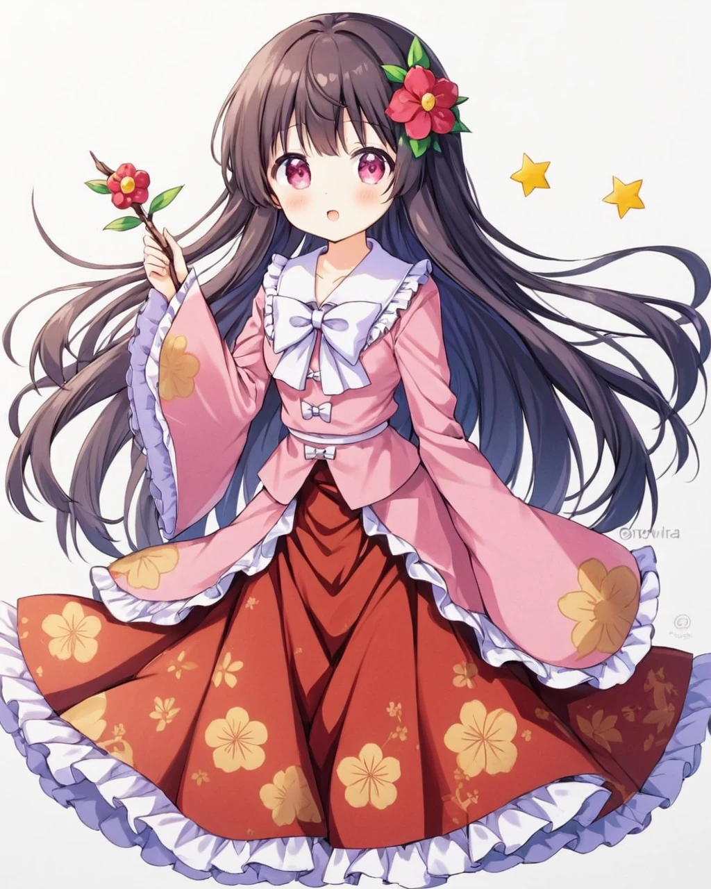 houraisan kaguya,1girl, solo, sample_watermark, pink_shirt, wide_sleeves, traditional_media, marker_\(medium\), :d, open_mouth, white_bowtie, long_sleeves, red_skirt, looking_at_viewer, hair_flower, frilled_sleeves, jeweled_branch_of_hourai, red_flower, holding, floral_print, cowboy_shot, blush, frilled_skirt, frilled_shirt, frilled_shirt_collar, camellia, blouse, print_skirt, embellished_costume
<lora:houraisan_kaguya_image2025_2023-12-14:1>,star-shaped_pupils,symbol-shaped_pupils,. gorgeous,key visual, vibrant, studio anime,award-winning, professional, highly detailed,high budget, cinemascope