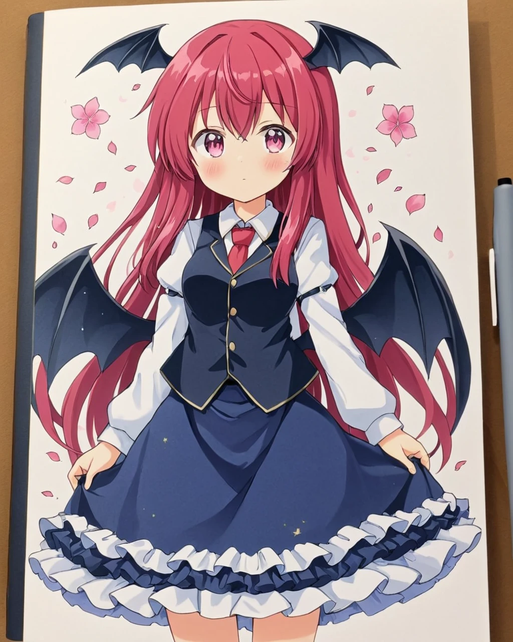 koakuma,1girl, sample_watermark, marker_\(medium\), solo, head_wings, holding_book, white_shirt, traditional_media, red_necktie, looking_at_viewer, :o, long_sleeves, black_vest, cowboy_shot, frills, bat_wings, blush, skirt_set, collared_shirt, black_skirt, black_wings, petals, sparkle, blue_skirt, dress_shirt
<lora:koakuma_image4390_2023-12-14-000008:1>,star-shaped_pupils,symbol-shaped_pupils,. gorgeous,key visual, vibrant, studio anime,award-winning, professional, highly detailed,high budget, cinemascope