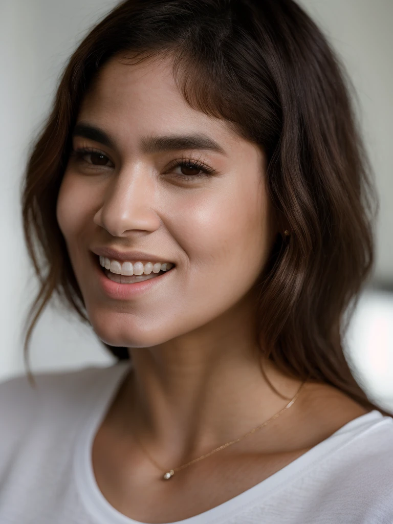 Realistic photo of a beautiful s0f14b woman,1girl,solo,long hair,looking at viewer,smile,brown hair,white t-shirt,brown eyes,parted lips,teeth,mole,lips,portrait,realistic,nose,soft lighting, professional Photography, Photorealistic, detailed, RAW, analog, sharp focus, 8k, HD, high quality, masterpiece<lora:s0f14b:1.0>