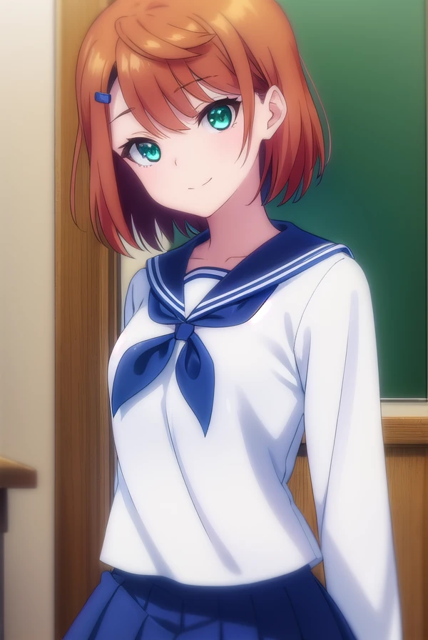 chisakimiyazaki, <lora:chisaki miyazaki s1-lora-nochekaiser:1>,
chisaki miyazaki, short hair, brown hair, hair ornament, (green eyes:1.3), hairclip, smile,
BREAK skirt, shirt, long sleeves, school uniform, pleated skirt, serafuku, socks, sailor collar, blue skirt, neckerchief, kneehighs, blue shirt, black socks, red neckerchief, white sailor collar, blue serafuku,
BREAK indoors, classroom,
BREAK looking at viewer, (cowboy shot:1.5),
BREAK <lyco:GoodHands-beta2:1>, (masterpiece:1.2), best quality, high resolution, unity 8k wallpaper, (illustration:0.8), (beautiful detailed eyes:1.6), extremely detailed face, perfect lighting, extremely detailed CG, (perfect hands, perfect anatomy),