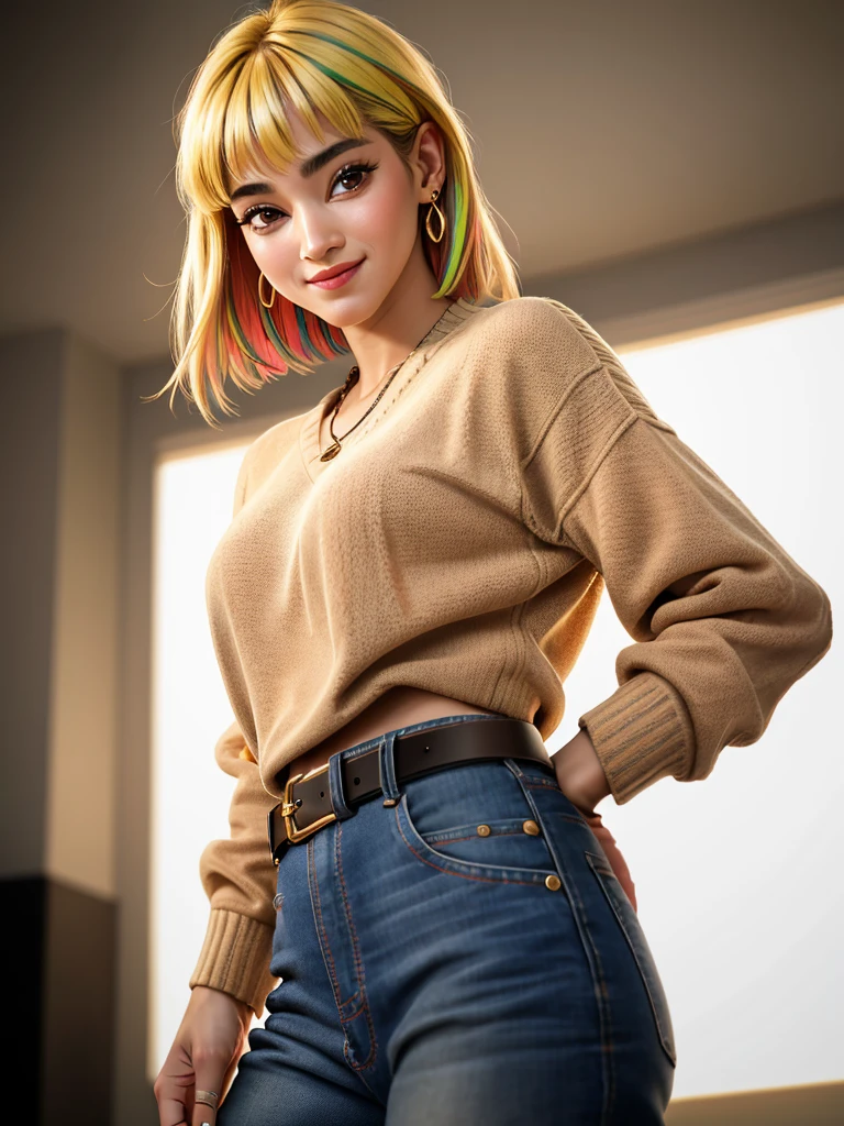 Realistic photo of a beautiful s0f14b woman,1girl,solo,long hair,looking at viewer,smile,bangs,blonde hair,black hair,long sleeves,brown eyes,jewelry,standing,multicolored hair,earrings,belt,blunt bangs,sweater,black shirt,soft lighting, professional Photography, Photorealistic, detailed, RAW, analog, sharp focus, 8k, HD, high quality, masterpiece<lora:s0f14b:1.0>
