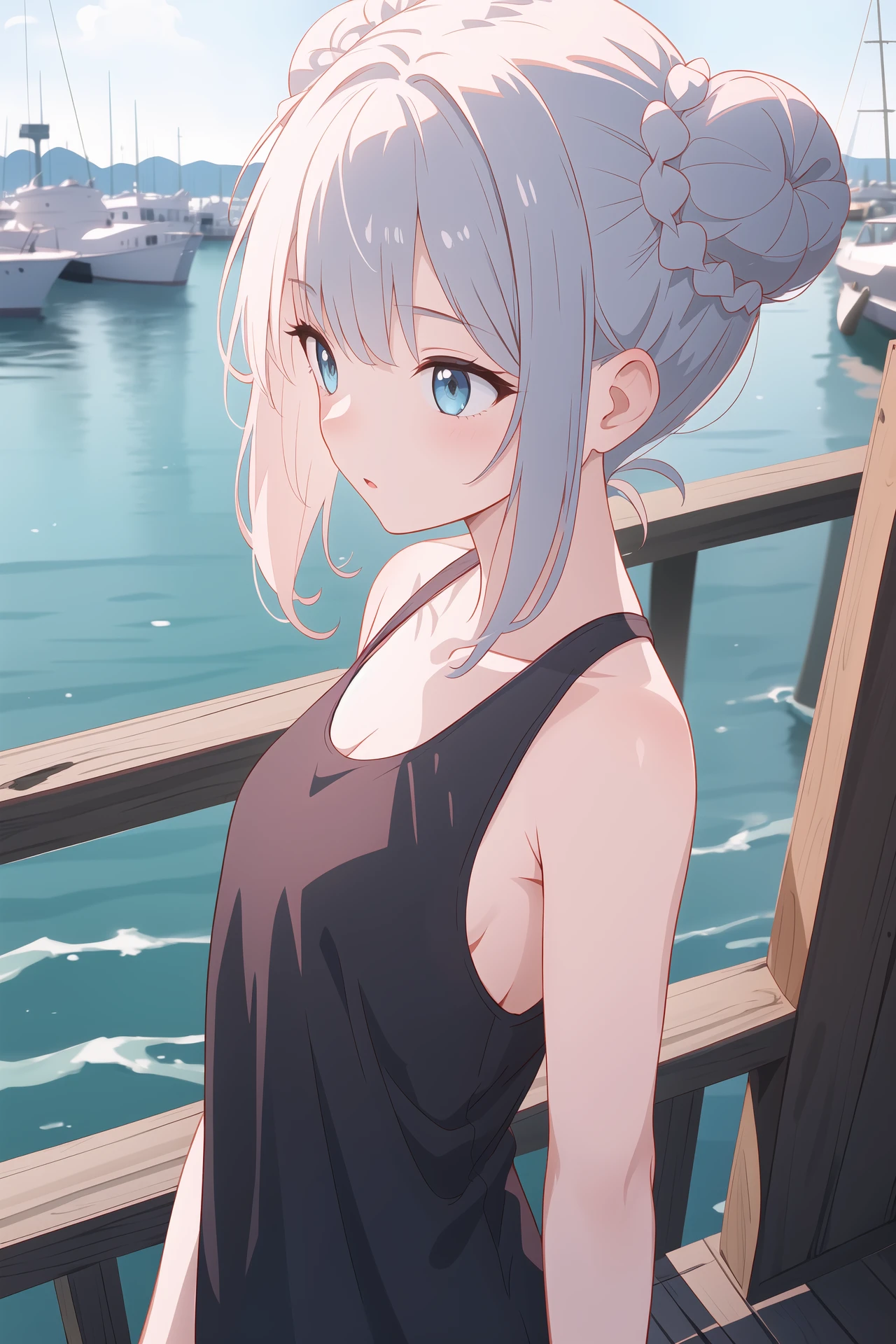 (best quality, masterpiece, highres),1girl,solo,triple bun,summer tank top,taut_dress,looking to the side,dynamic_angle,harbor,