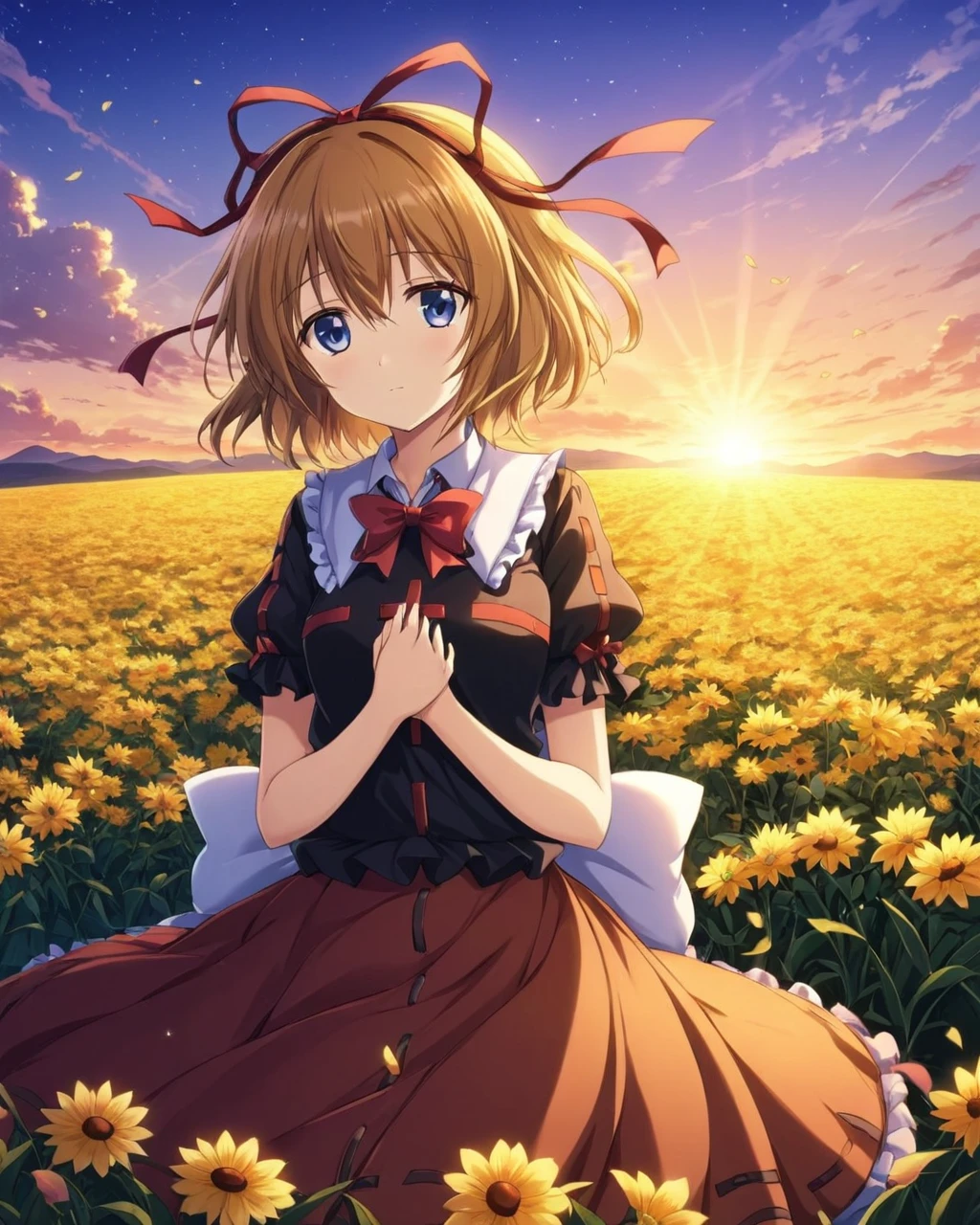 medicine melancholy,1girl, solo, flower, petals, sunset, hair_ribbon, skirt, wind, field, sky, hands_on_own_chest, twilight, short_sleeves, cloud, bow
<lora:medicine_melancholy_image1544_2023-12-14-000014:1>,star-shaped_pupils,symbol-shaped_pupils,. gorgeous,key visual, vibrant, studio anime,award-winning, professional, highly detailed,high budget, cinemascope