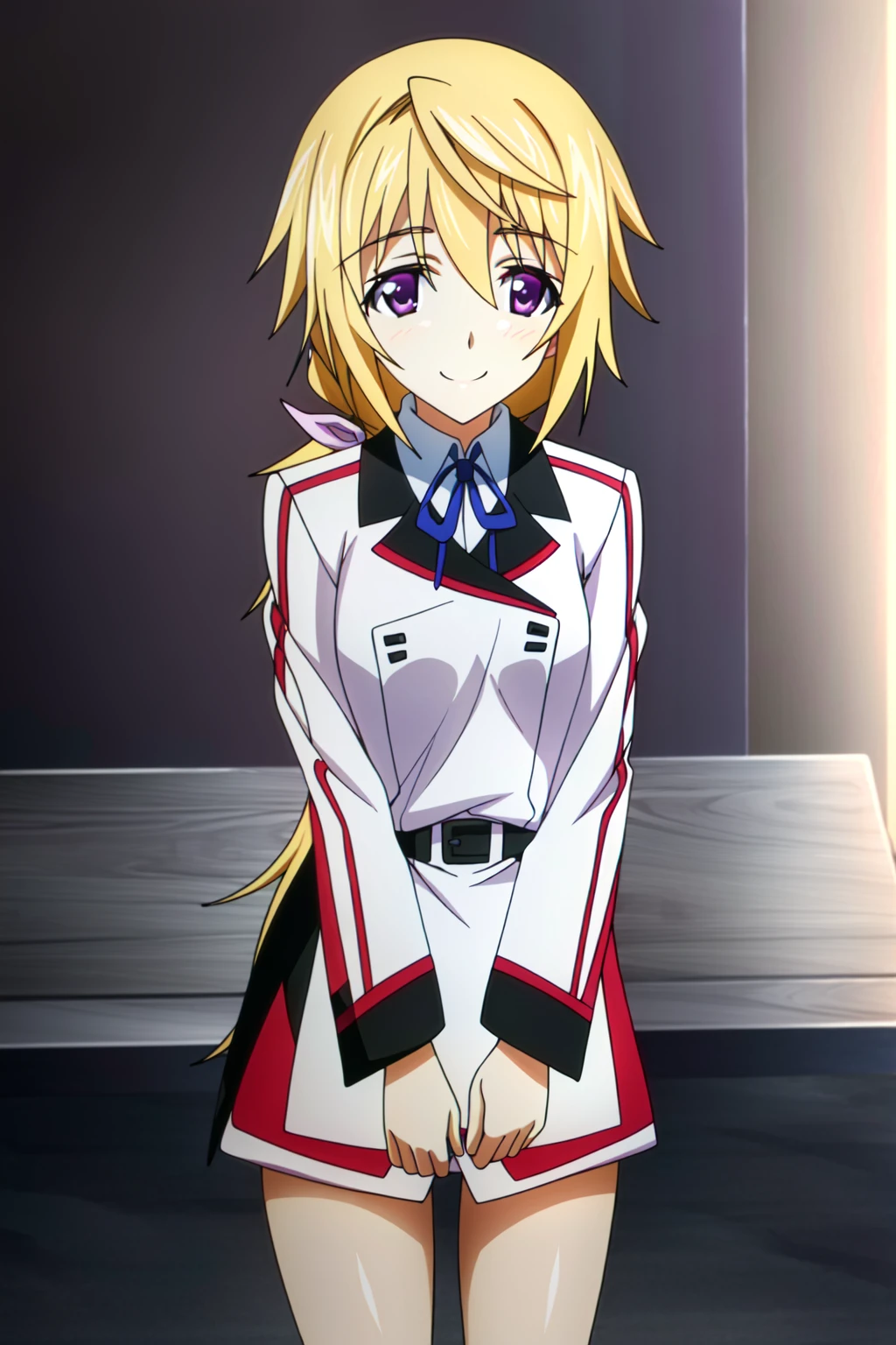 (extremely detailed CG unity 4k wallpaper),(masterpiece),(best quality),(ultra-detailed),(best illustration),(best shadow),(absurdres),(detailed background), <lora:OGT_Charlotte_Dunois-v1:0.9> Charlotte Dunois, 1girl, blonde hair, long hair, smile, ribbon, white school uniform, solo, looking at viewer, purple eyes, hair ribbon, ponytail