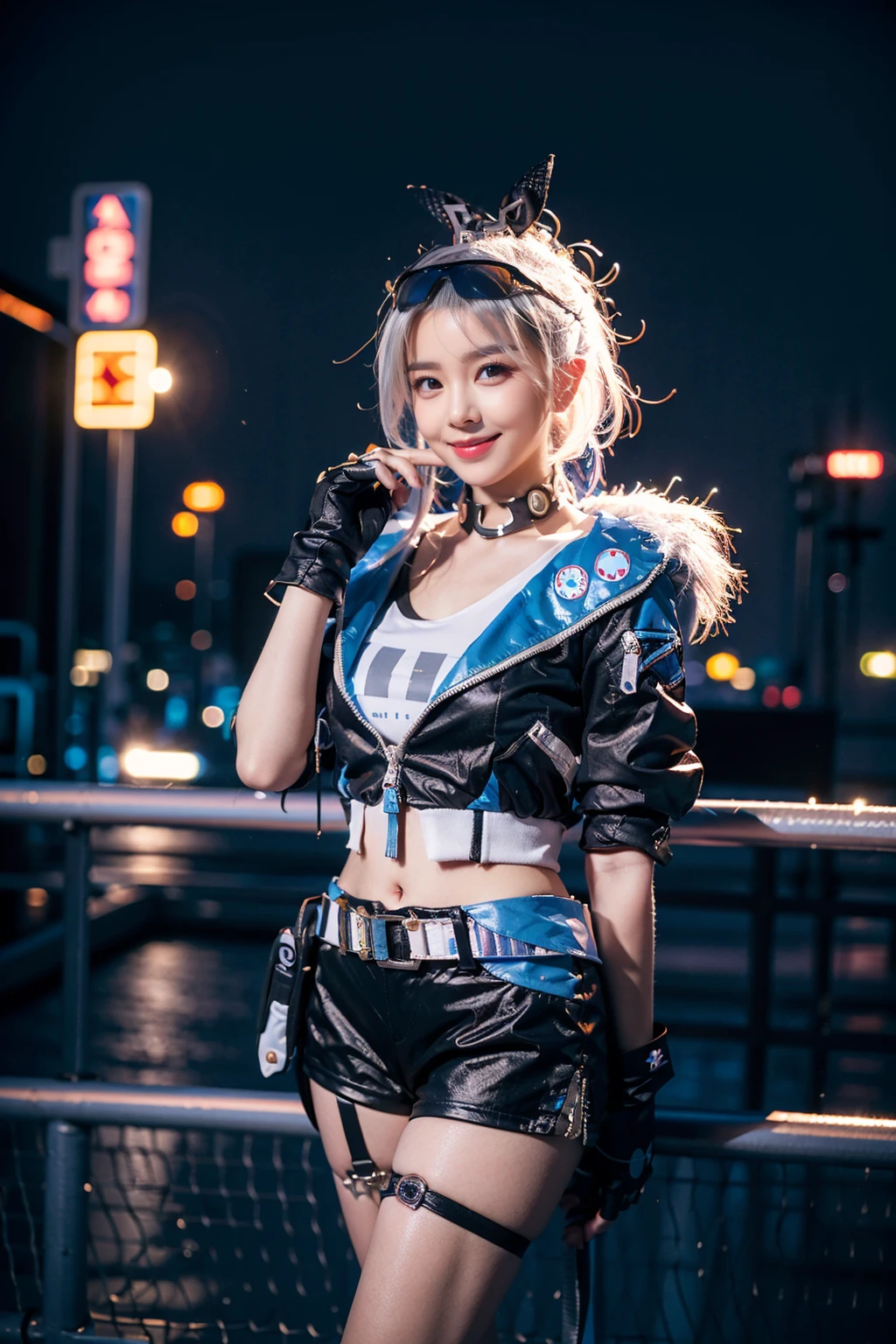 best quality, masterpiece, photorealistic, 1girl, solo, standing, cowboy shot, looking at viewer, smile, closed mouth, bangs, hair between eyes, silverwolf cosplay costume, cosplay, silverwolf, white hair, drill hair, hair bow, eyewear on head, hair ornament, jacket, shorts, belt, fingerless gloves, bandaid, single fishnet legwear, thigh strap, boots, night, cyberpunk, city, cityscape, neon lights, neon trim, <lora:starrail_silverwolf_cosplay_v2:0.7>