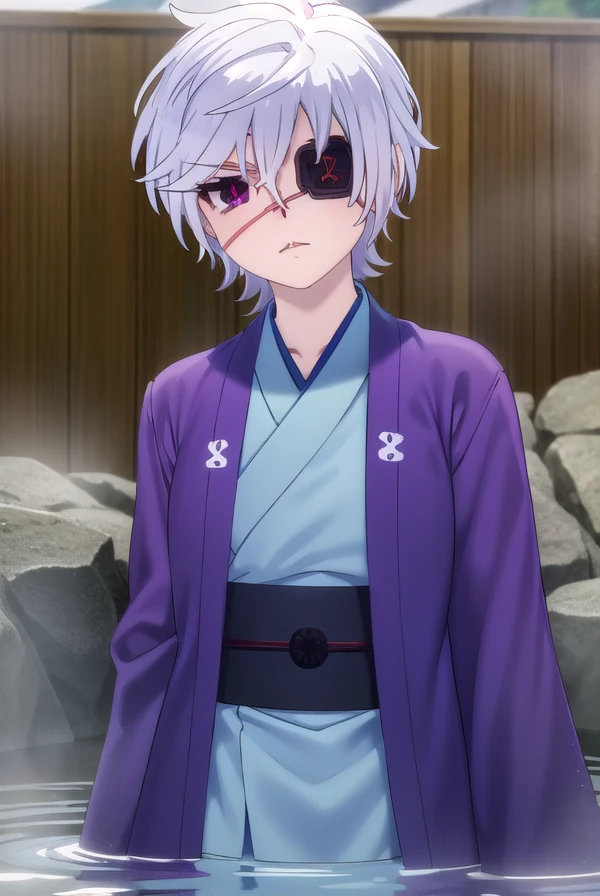 oboroshintou, <lora:oboro shintou s1-lora-nochekaiser:1>,
oboro shintou, (purple eyes:1.1), white hair, (eyepatch:1.5),
BREAK japanese clothes, kimono, blue kimono, haori,
BREAK outdoors, hot spring, onsen,
BREAK looking at viewer, (cowboy shot:1.5),
BREAK <lyco:GoodHands-beta2:1>, (masterpiece:1.2), best quality, high resolution, unity 8k wallpaper, (illustration:0.8), (beautiful detailed eyes:1.6), extremely detailed face, perfect lighting, extremely detailed CG, (perfect hands, perfect anatomy),